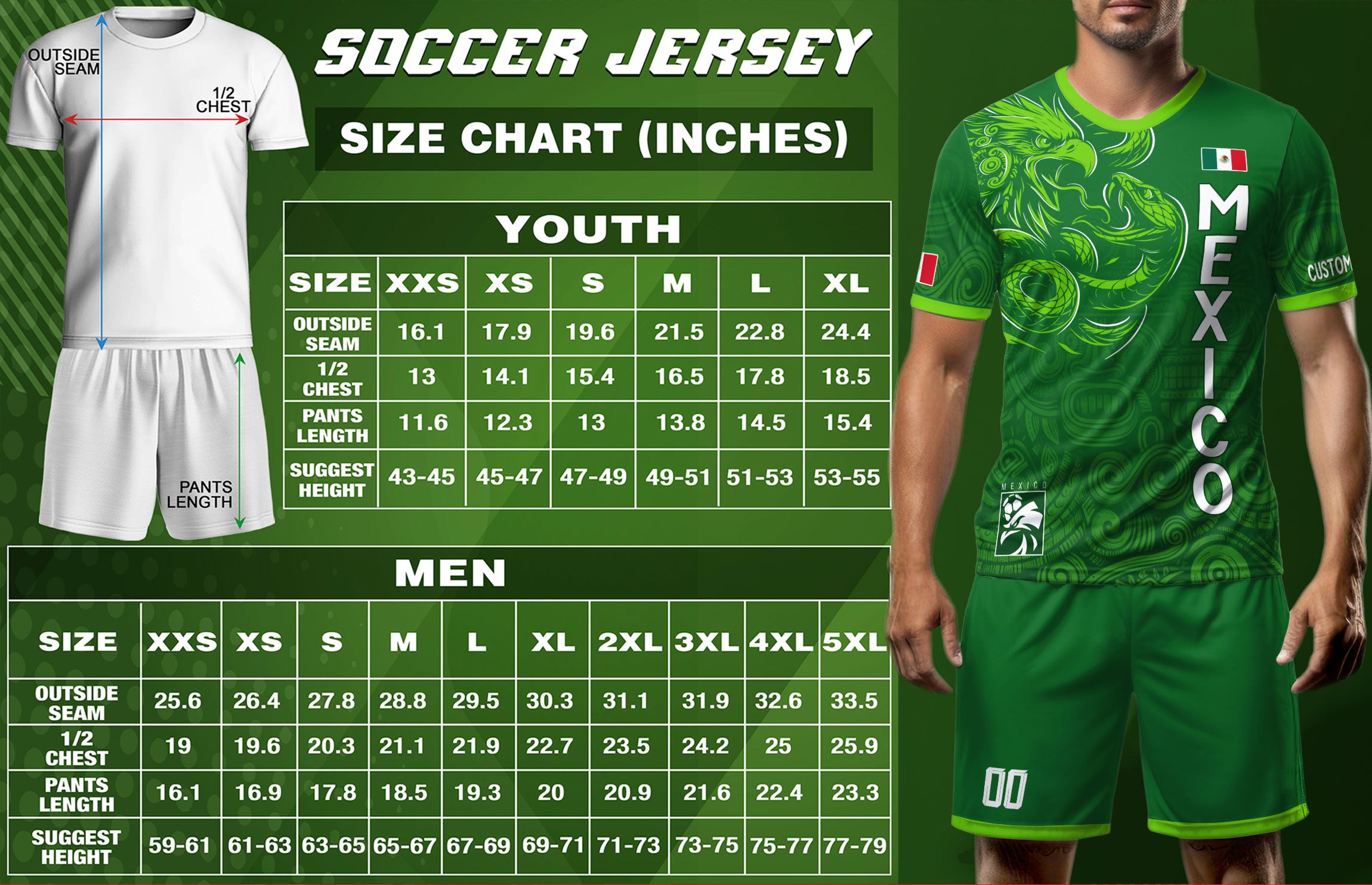 Custom Soccer Jersey Mexico Green Aztec Eagle Serpent Design