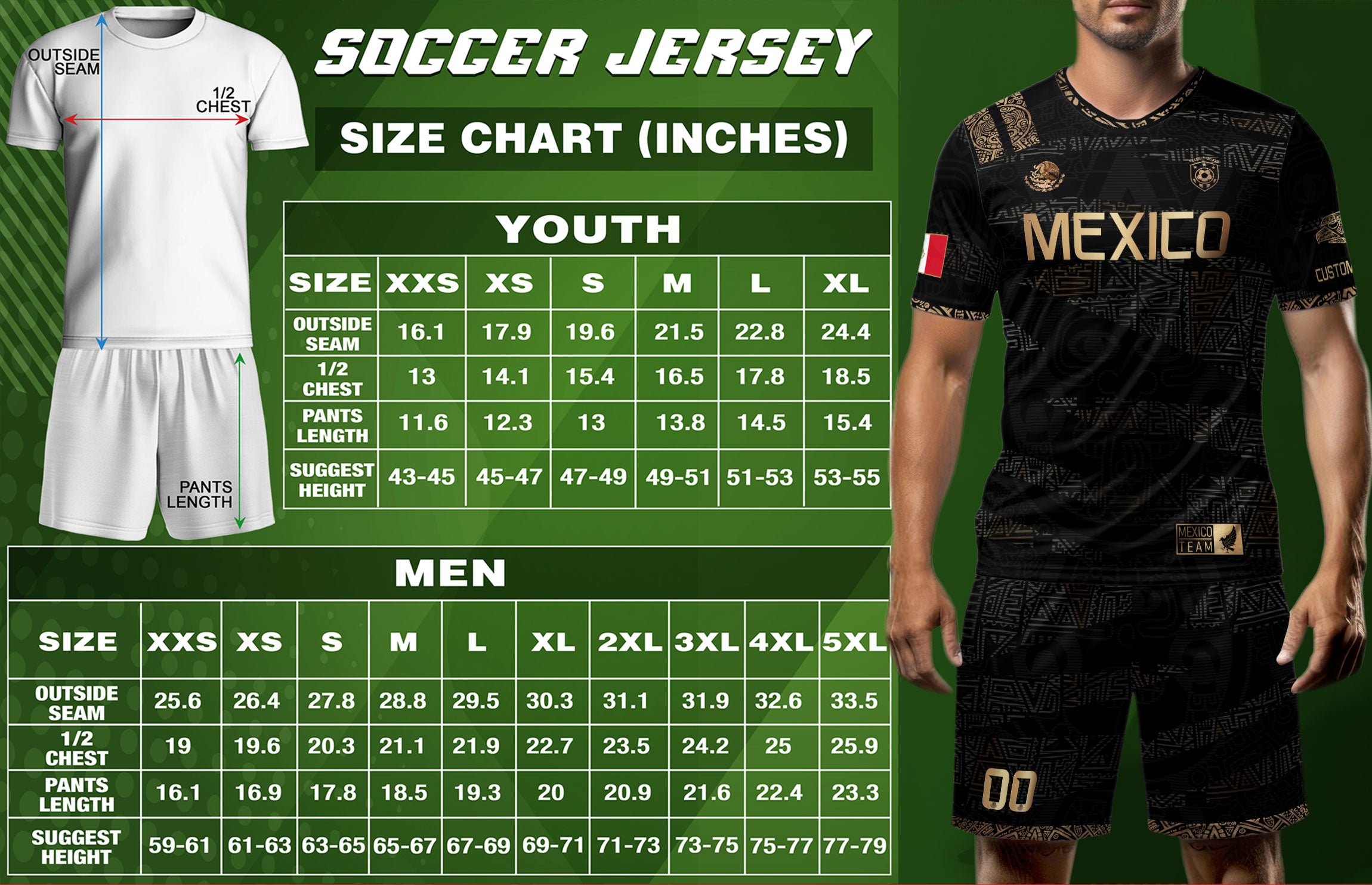 Custom Mexico Soccer Jersey and Shorts Set Black Gold Aztec
