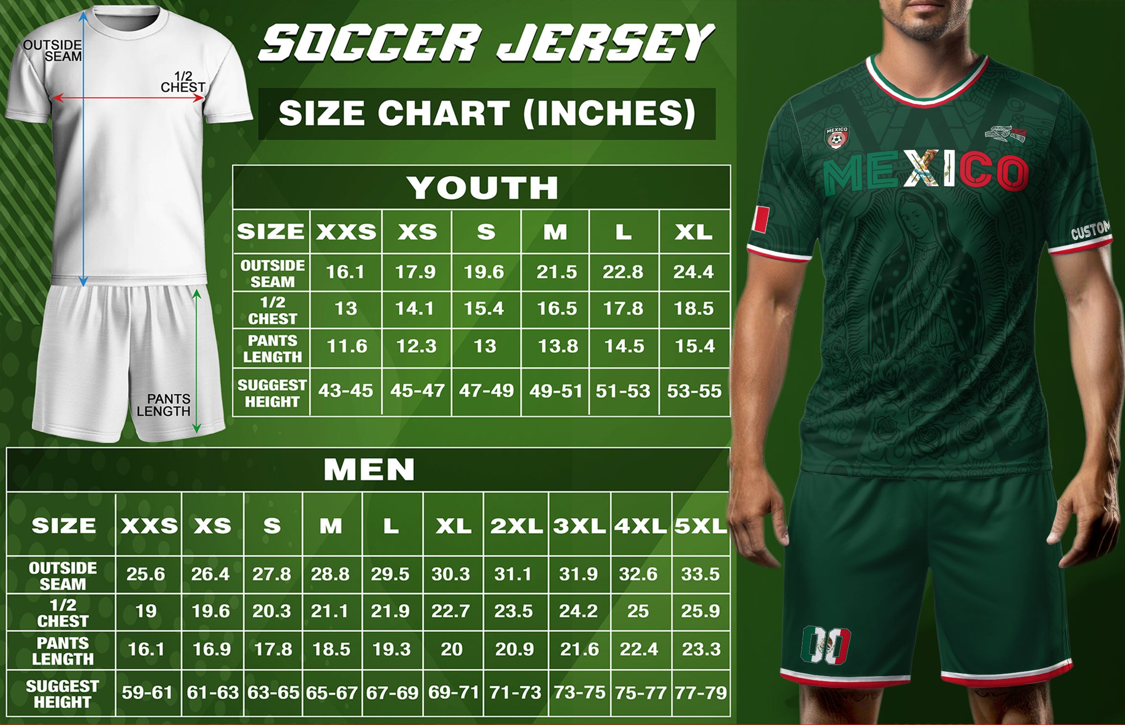 Mexico Custom Green Jersey with Virgin of Guadalupe Soccer Jersey