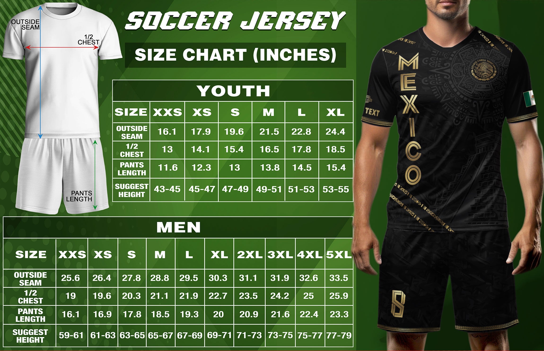 Custom Mexico Black Gold Aztec Calendar Pyramid Design Soccer Jersey