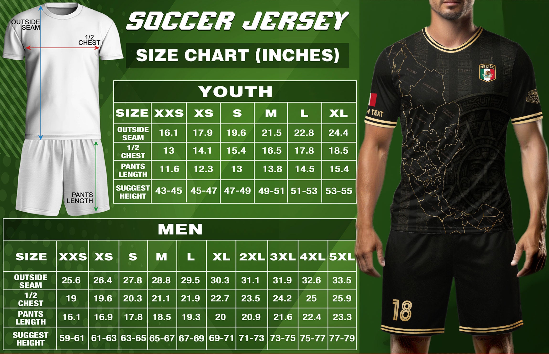 Custom Mexico Black Gold Map Aztec Sun Design Soccer Jersey