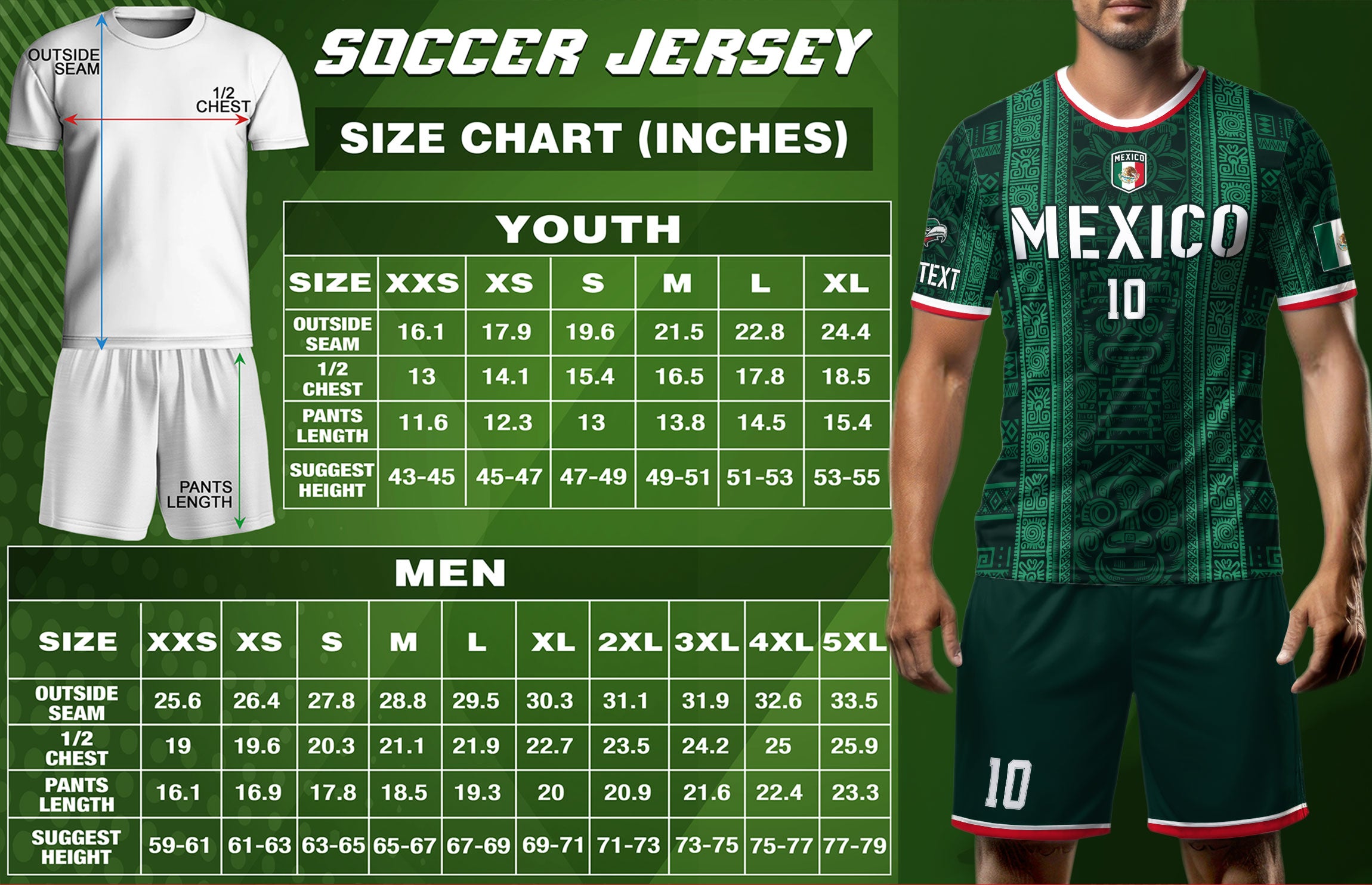 Custom Soccer Jersey Mexico Green Aztec Tribal Pattern Design