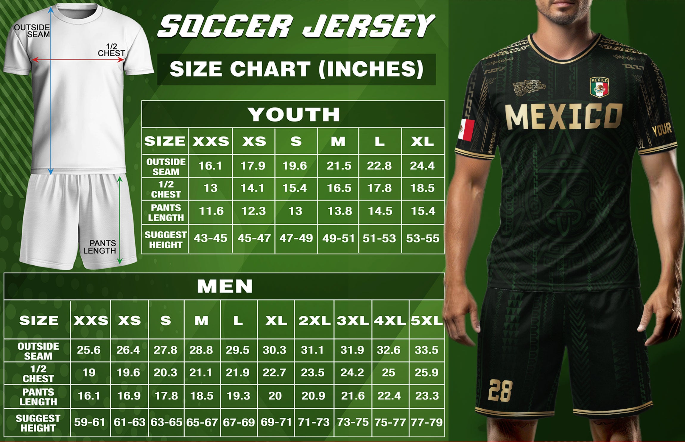 Custom Mexico Dark Green Gold Aztec Sun Design Soccer Jersey