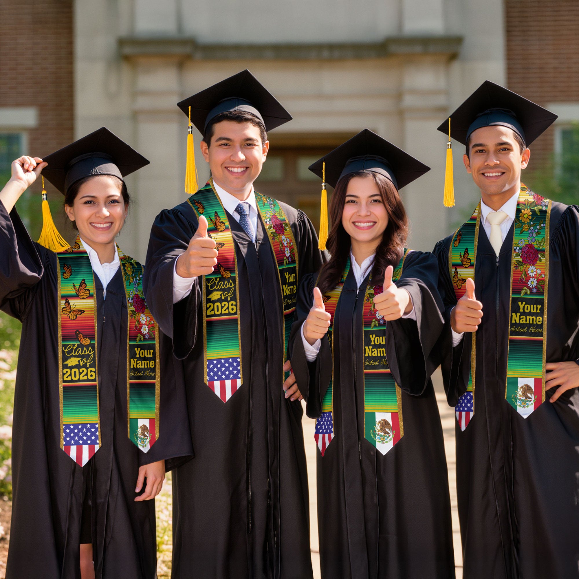 Custom Mexican Graduation Stole Mexico USA Flag Serape Butterfly Floral Class 2026