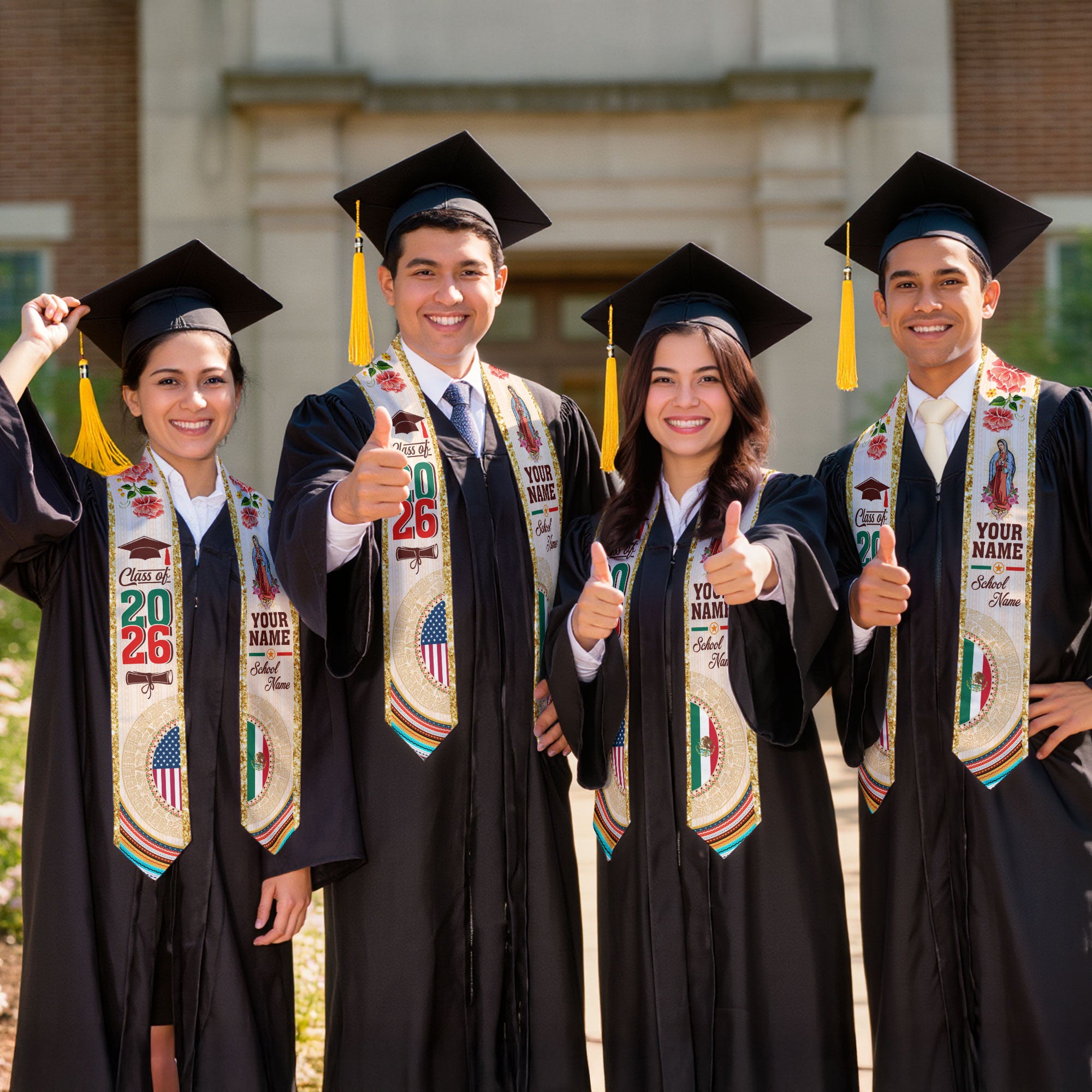 Custom Mexican Graduation Stole Aztec Calendar Virgin Mary USA Mexico Flag 2026