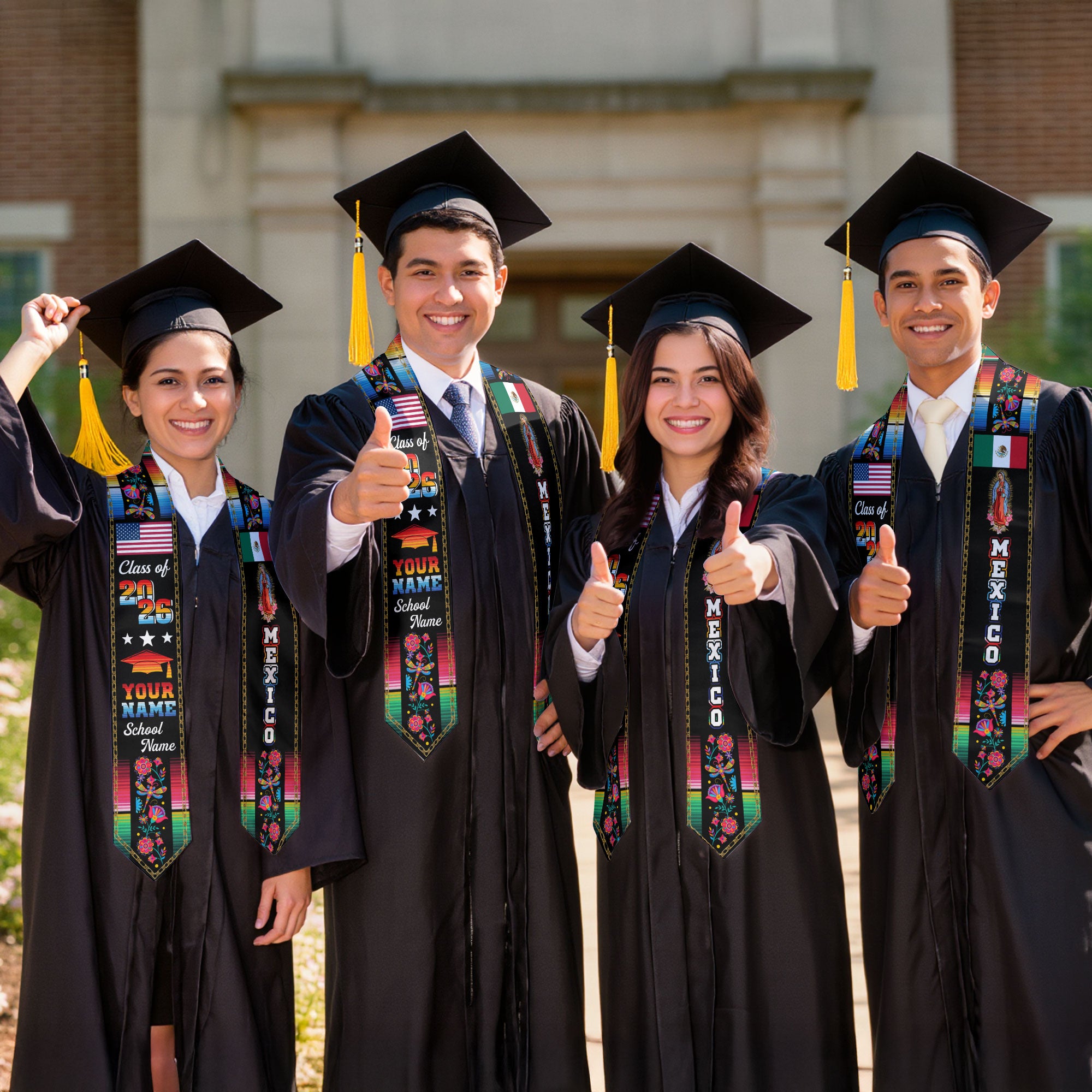 Custom Mexican Graduation Stole 2026 Aztec Floral Butterfly Virgin Mary USA Mexico Flag