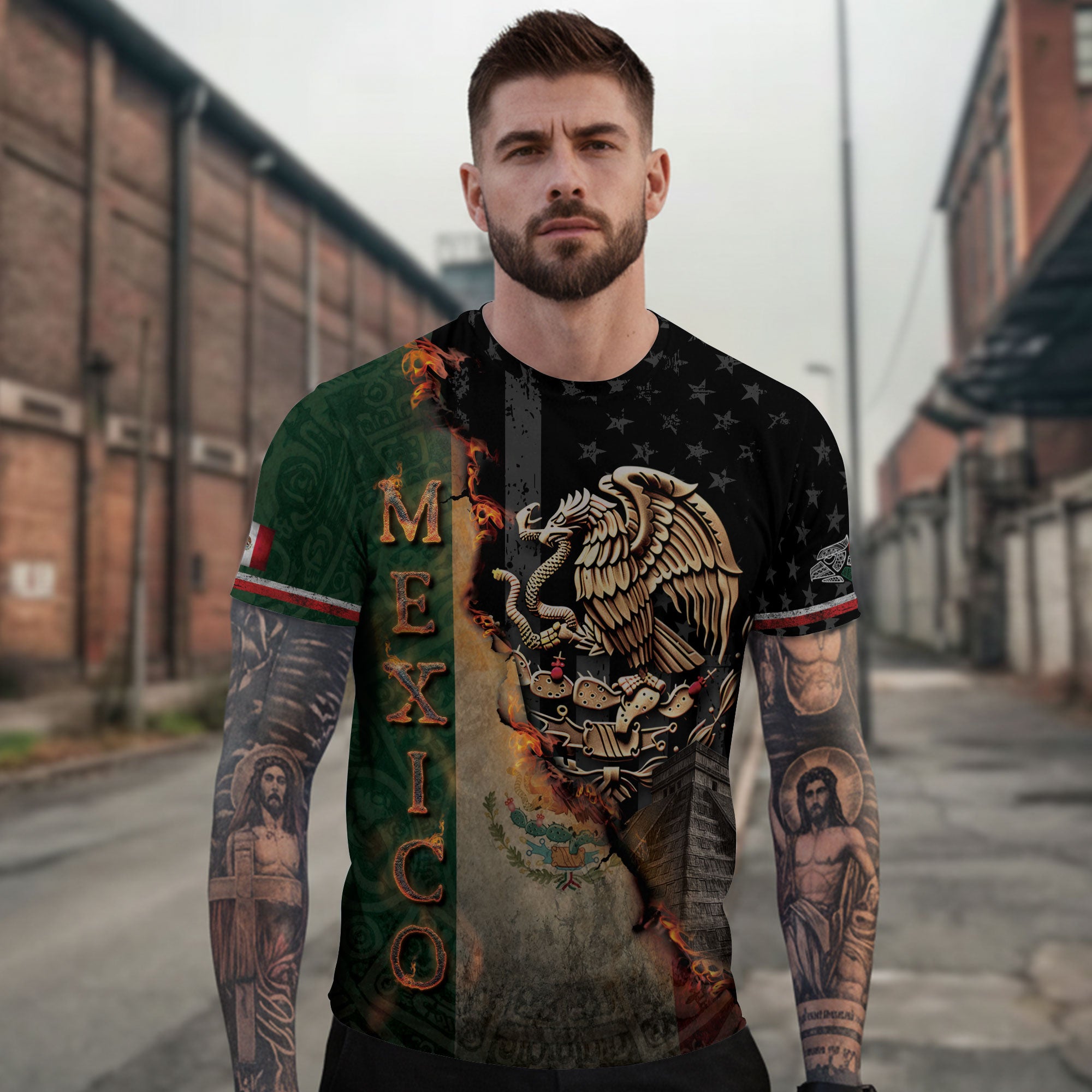 Mexico Flag Golden Eagle Fire Aztec Pyramid Heritage Power Pride Shirt