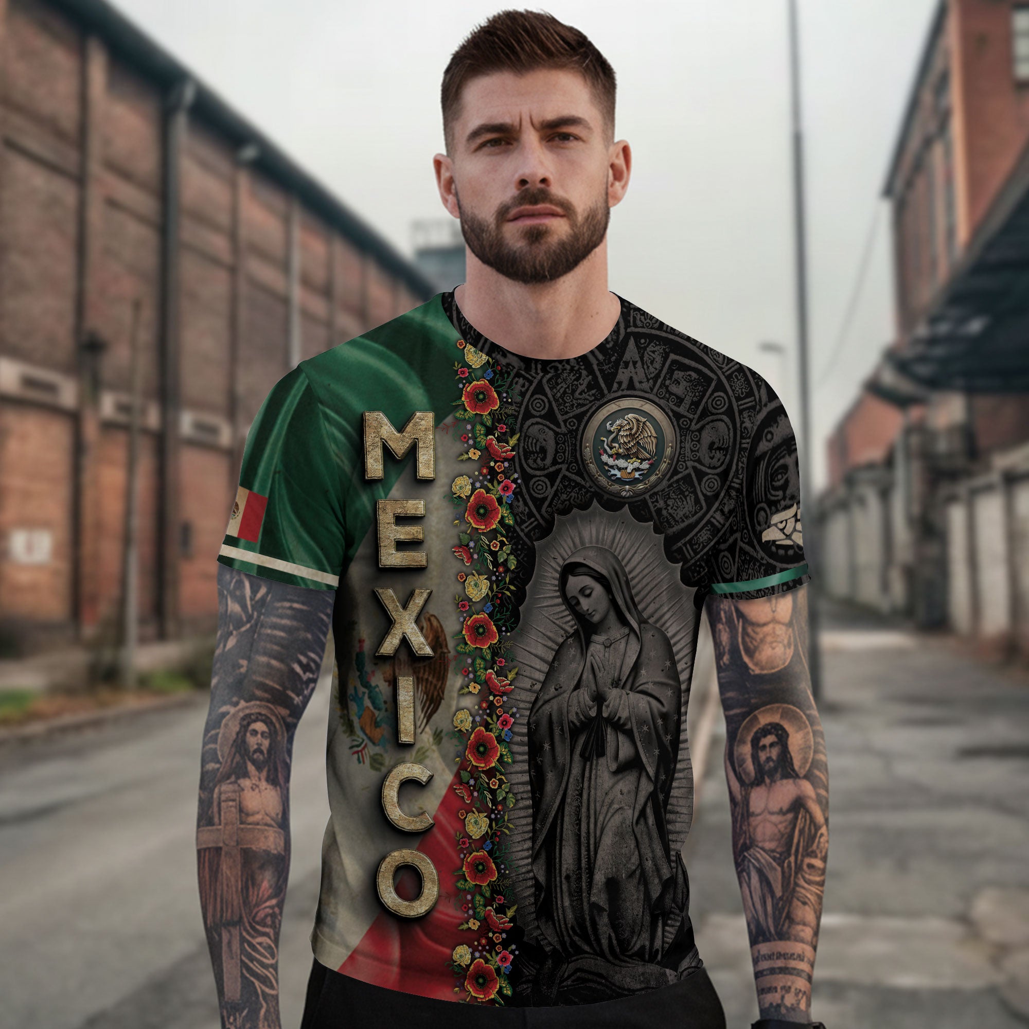 Mexico Flag Guadalupe Aztec Floral Heritage Legacy National Pride Shirt