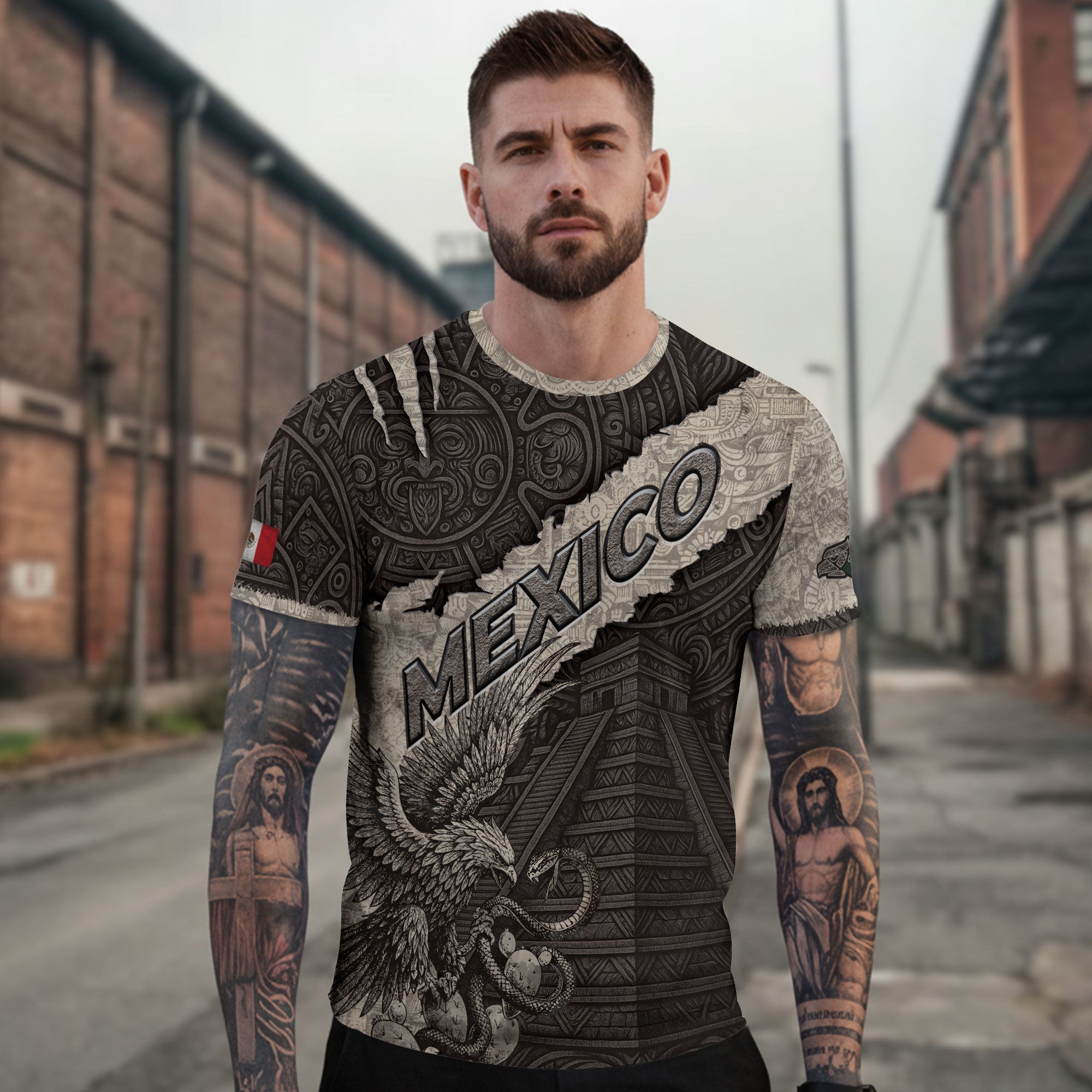 Aztec Pyramid and Eagle Stone Texture Mexico Heritage Shirt