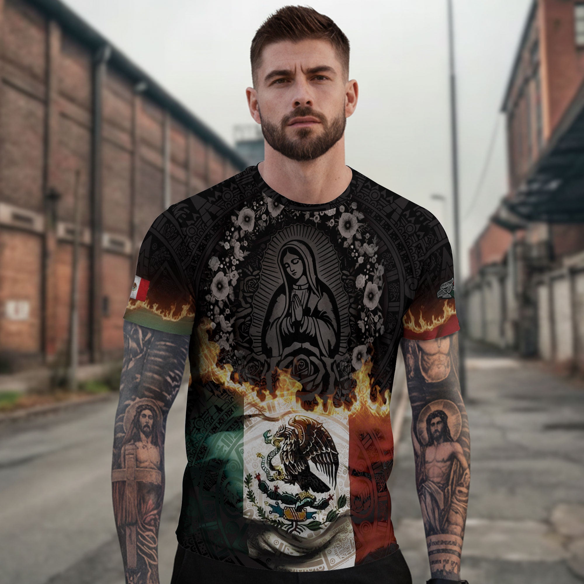 Virgin of Guadalupe Flame Mexico Flag Aztec Heritage Shirt