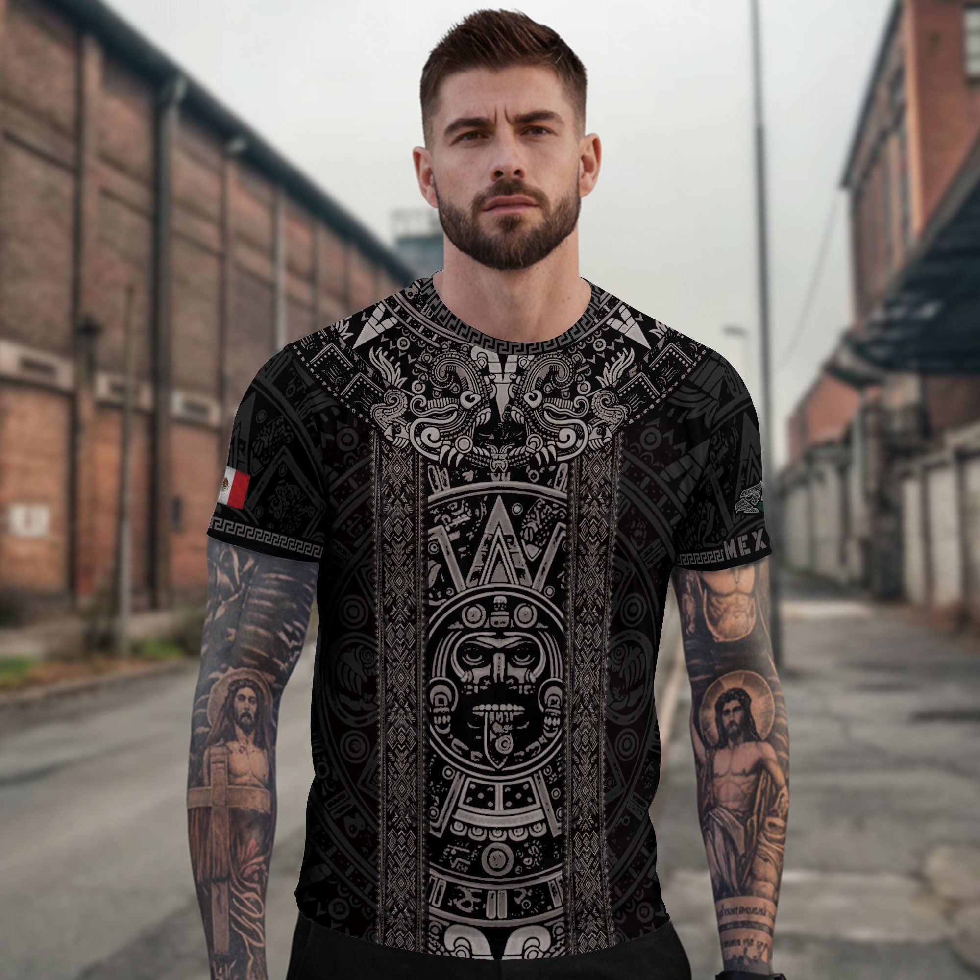 Aztec Sun Stone Black Pattern Mexico Heritage Shirt