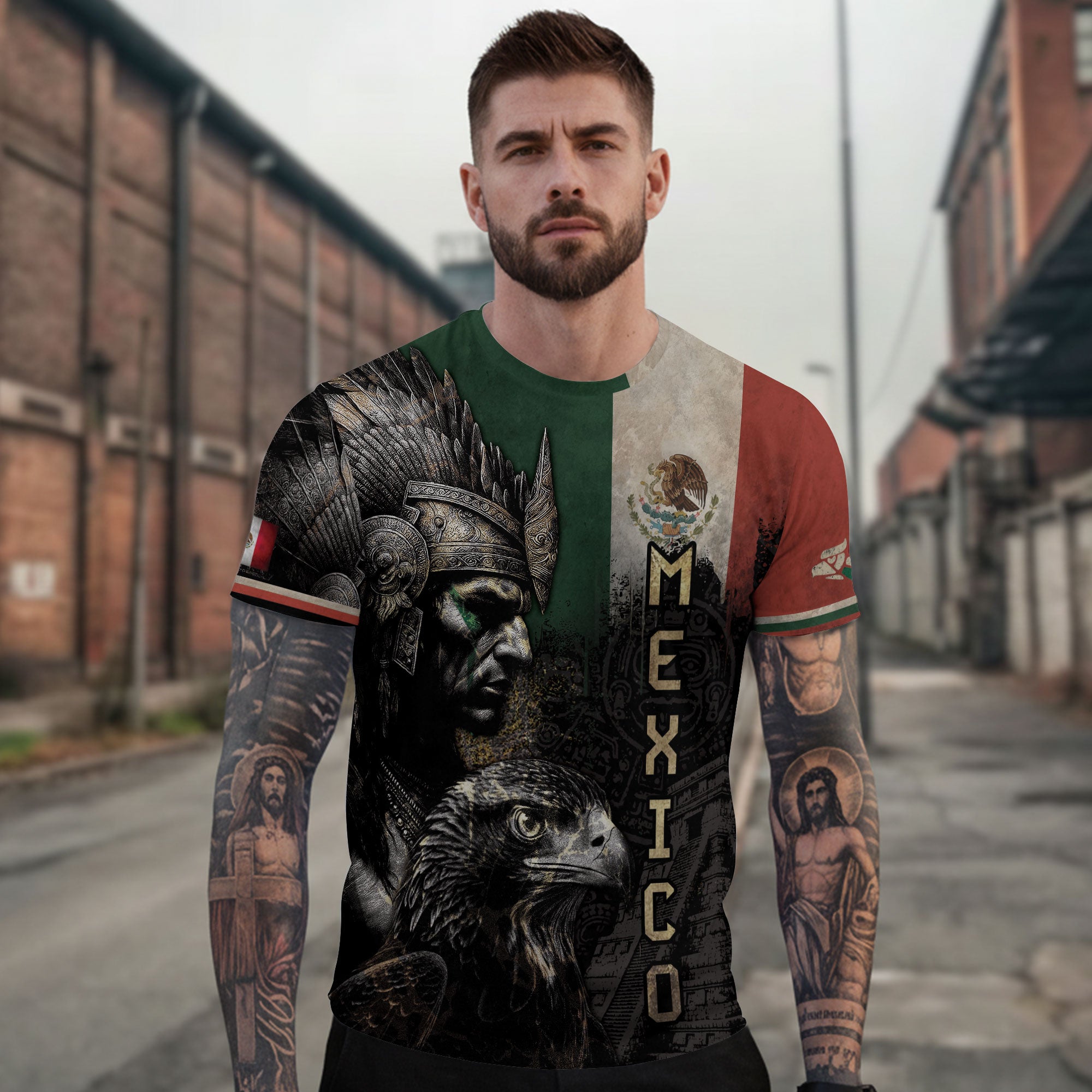 Aztec Warrior and Eagle Mexico Flag Heritage Pride Shirt