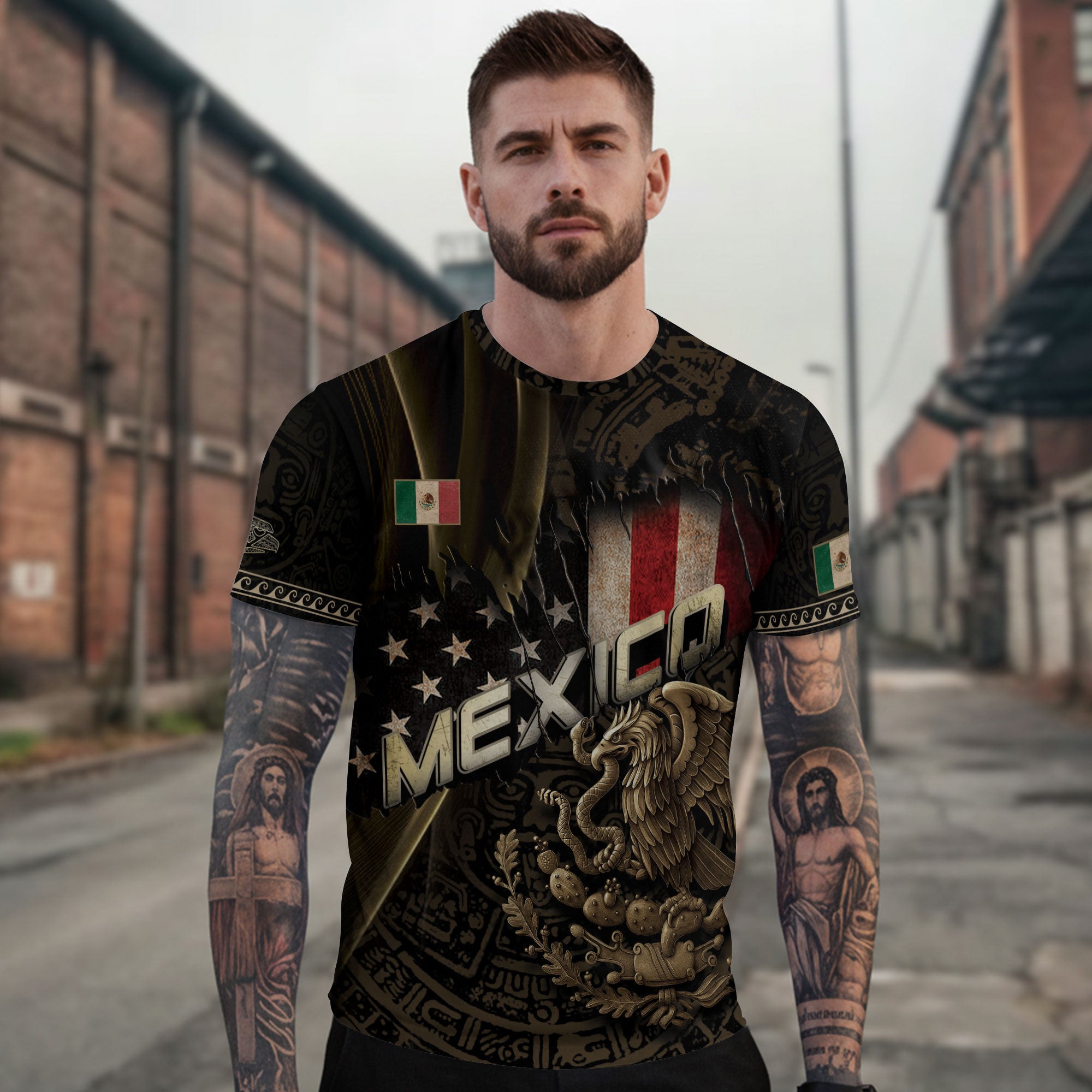 Mexico USA Flag Golden Eagle Aztec Pattern Heritage Unity Pride Power Shirt