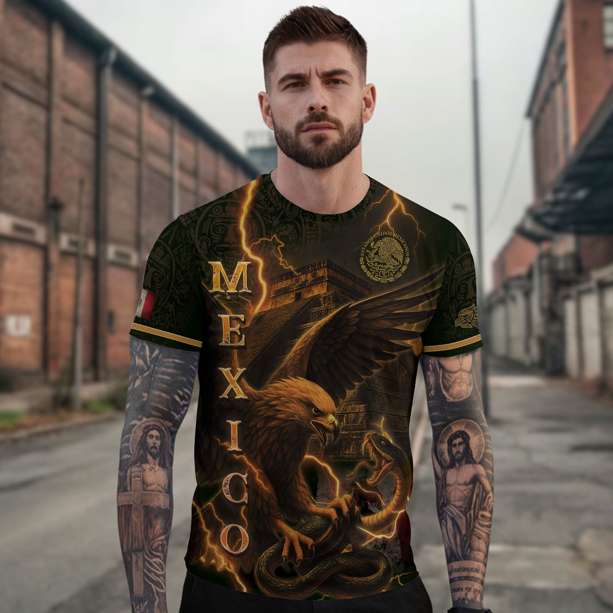 Mexico Eagle Serpent Lightning Aztec Pyramid Heritage Warrior Pride Power Shirt