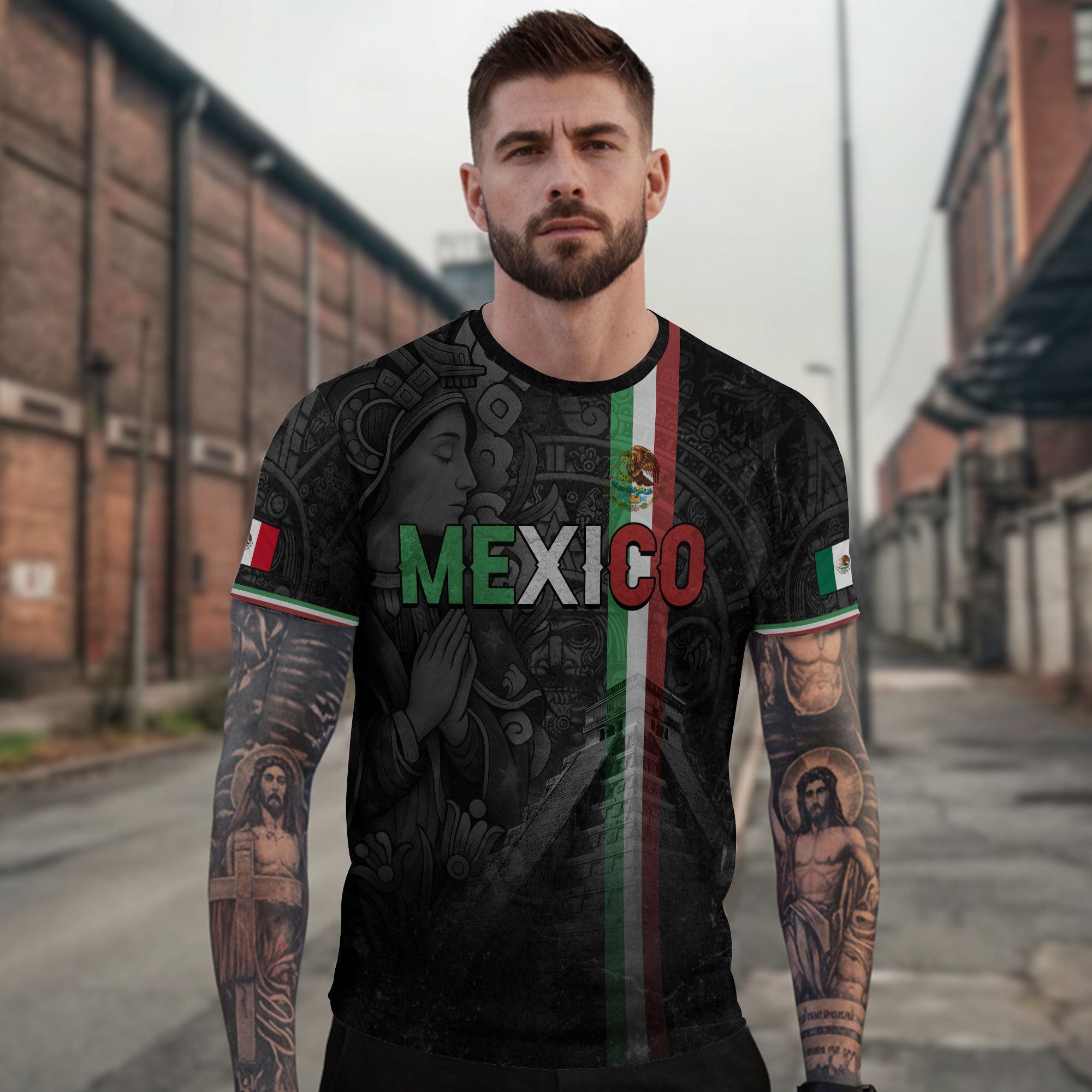 Camiseta de calle con la bandera de México, manos en oración, Guadalupe, legado azteca, orgullo