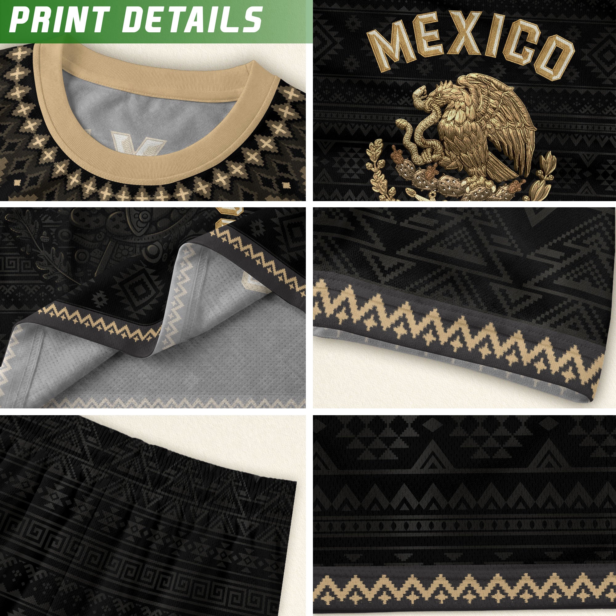 Mexico Heritage Soccer Jersey, Black Gold Aztec Pattern Design Jersey For Men
