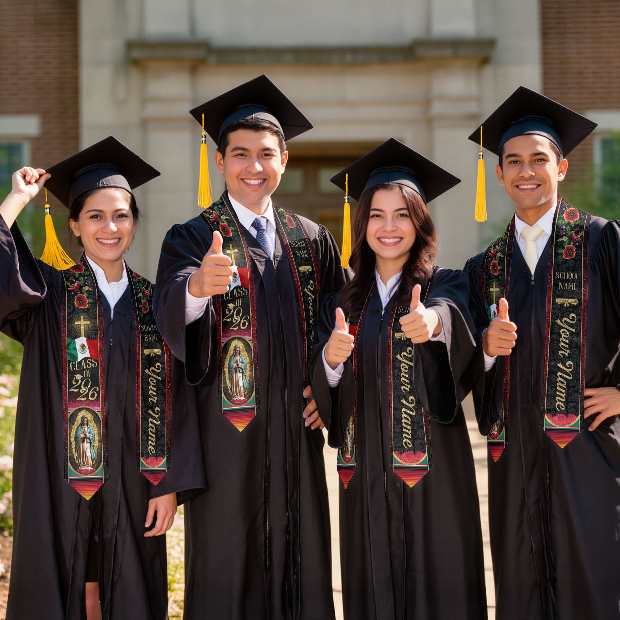 Custom Mexican Graduation Stole Class of 2026 Aztec Pattern Mexico Sash Virgin Mary