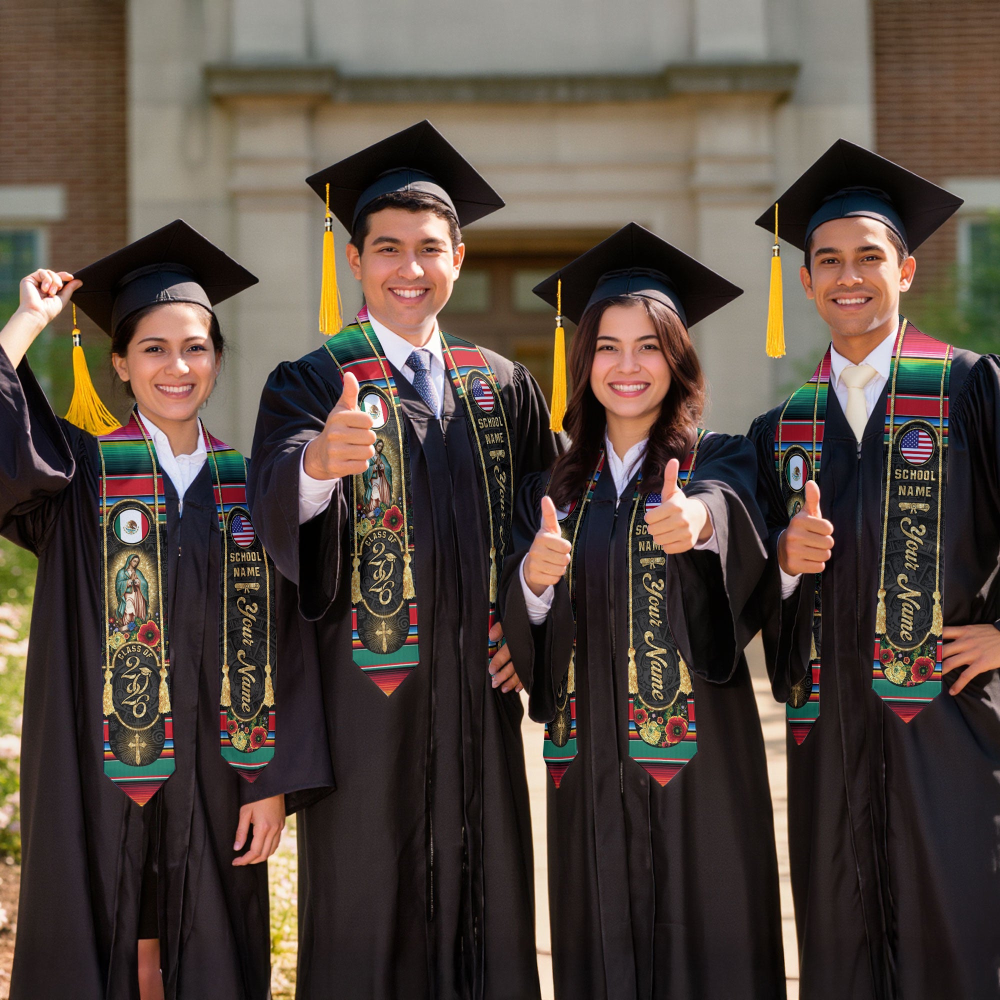Custom Mexican USA Flag Graduation Stole 2026 Mexico Sash Virgin Mary Cross Aztec Patterns