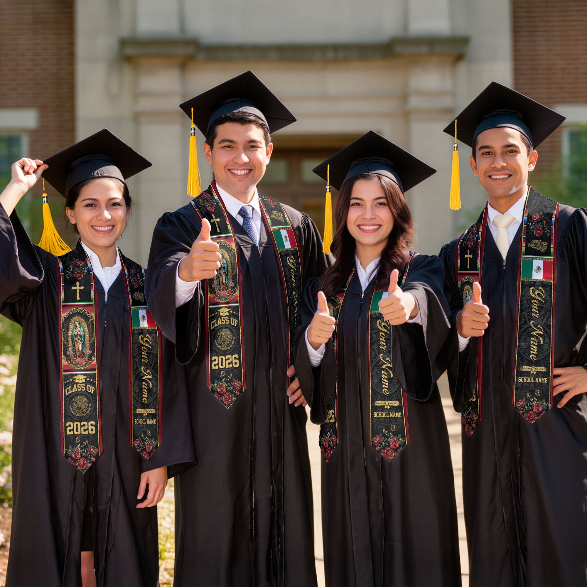 Custom Mexican Graduation Stole 2026 Virgin Mary Cross Flag Aztec Pattern Mexico Sash