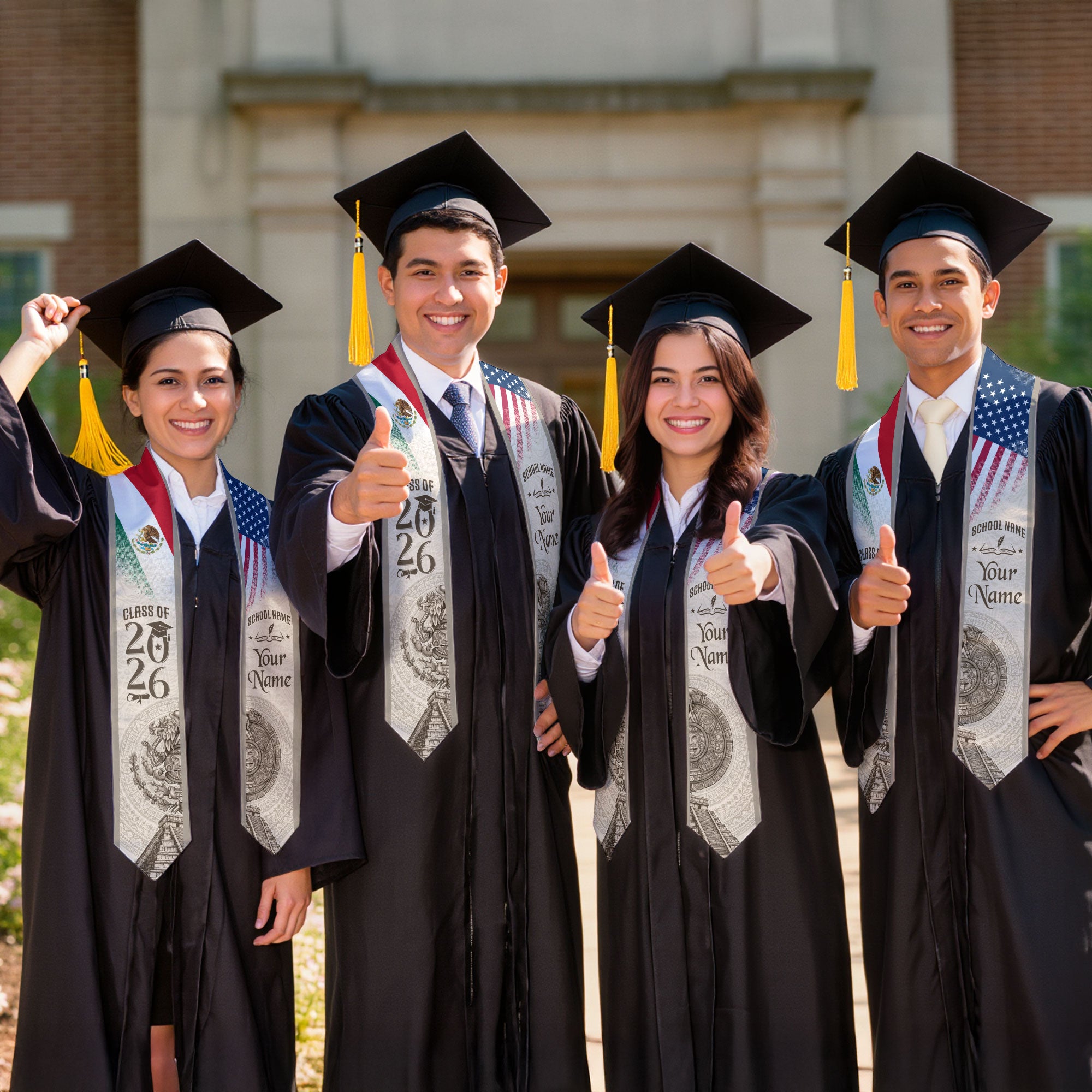 Mexican Graduation Stole Aztec Calendar Pyramid Eagle USA Mexico Flag Custom Sash