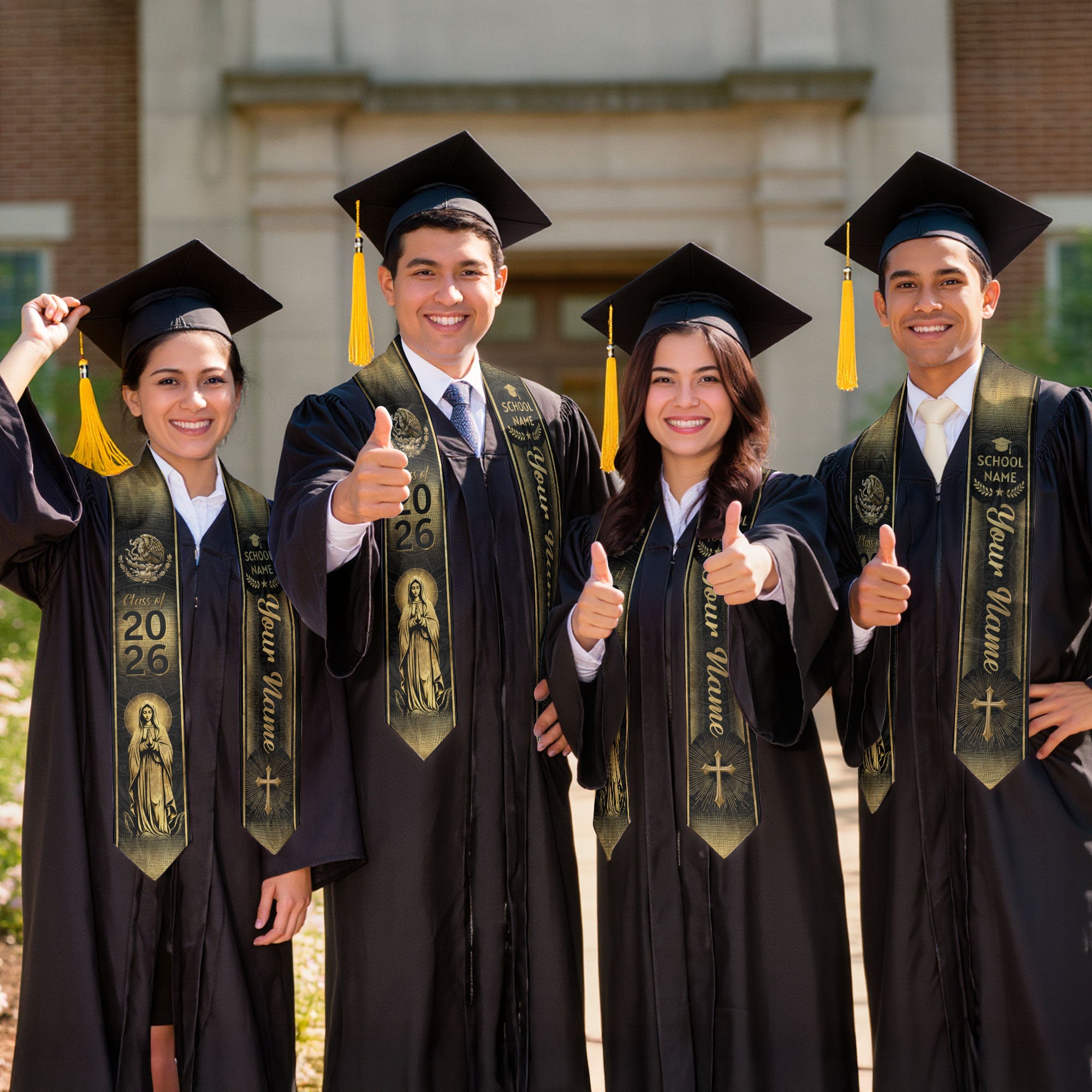 Mexican Graduation Stole Aztec Eagle Virgin Mary Cross Gold Custom Sash 2026