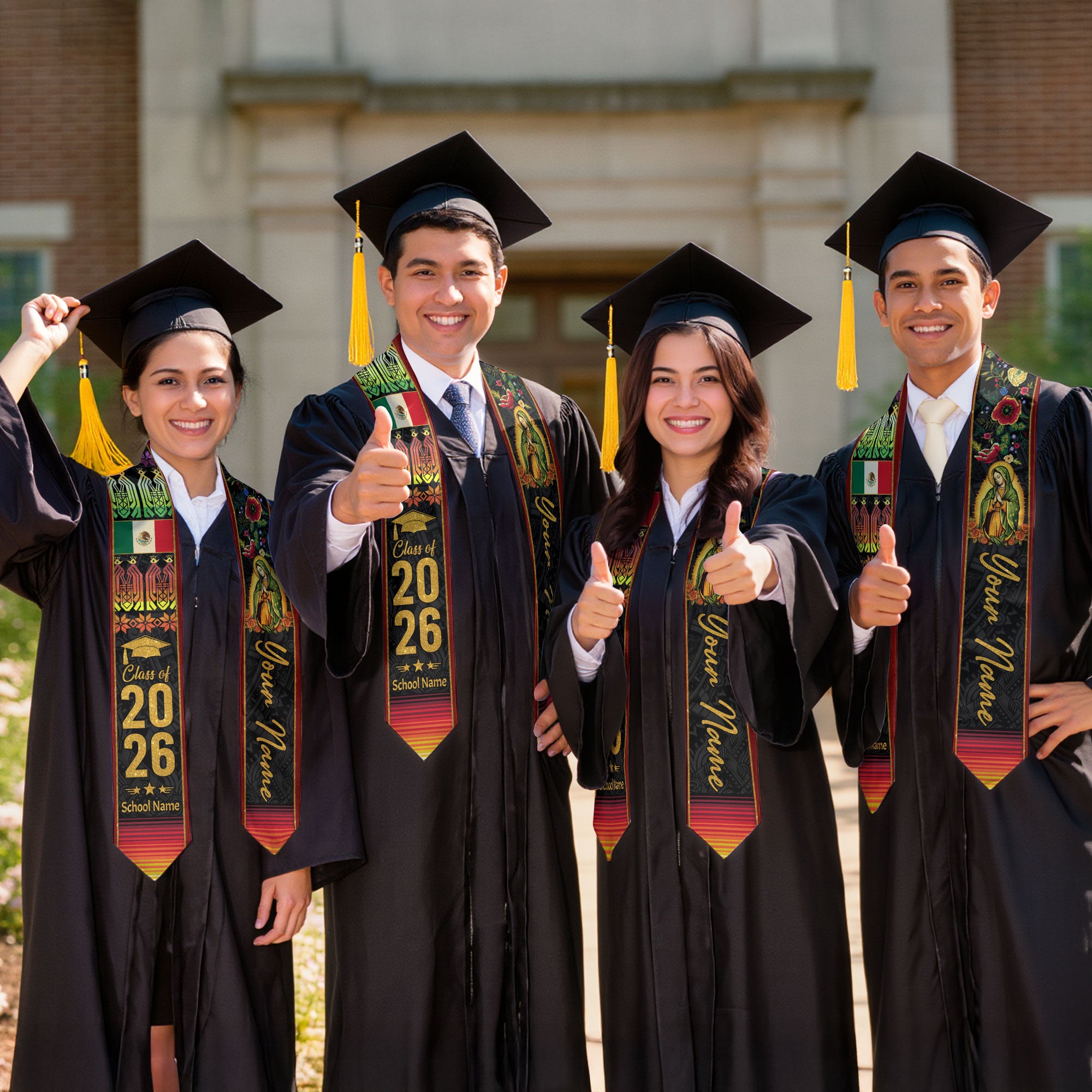 Mexican Graduation Stole Aztec Pattern Virgin Mary Floral Flag Custom Sash 2026