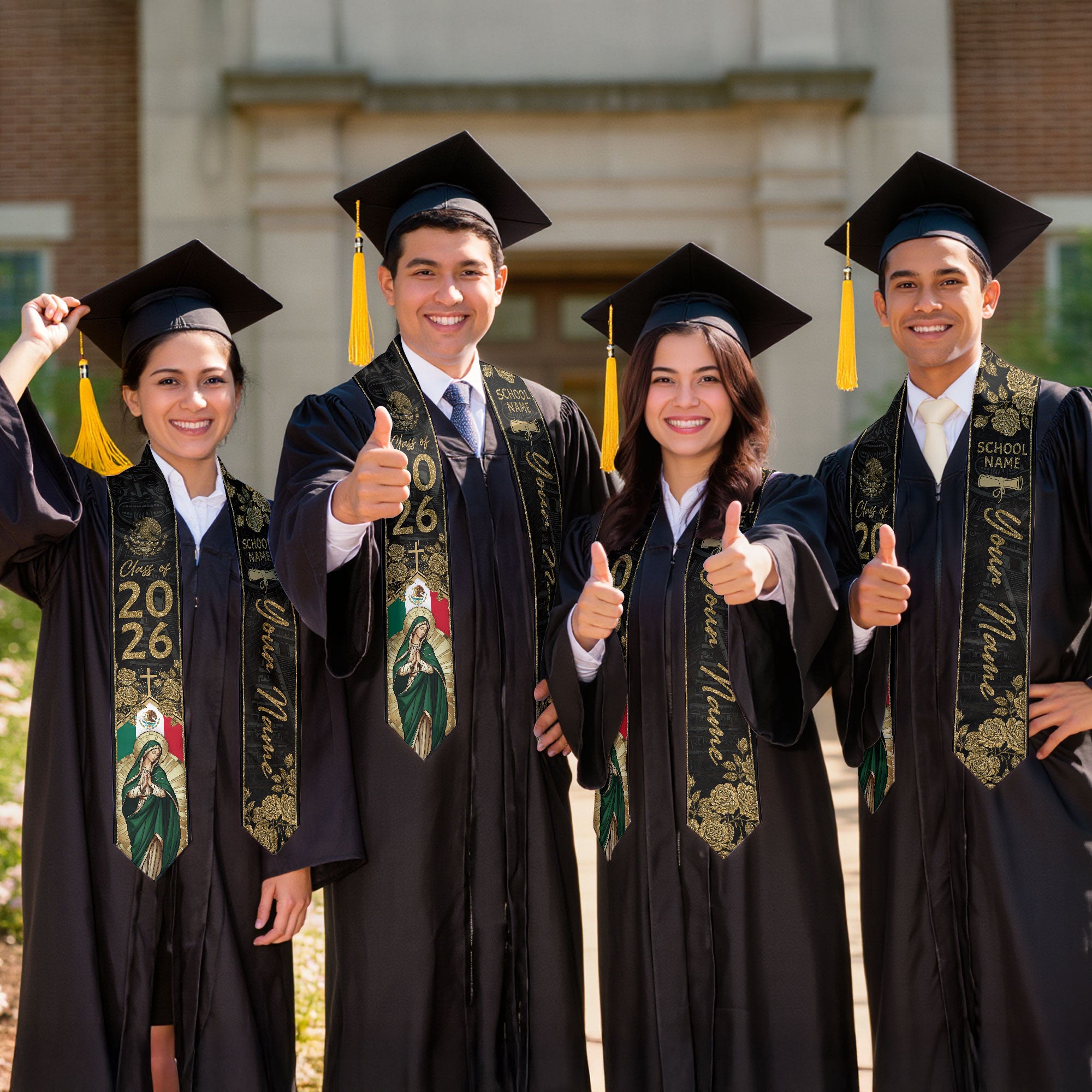 Mexican Graduation Stole Aztec Eagle Virgin Mary Rose Flag Custom Sash 2026