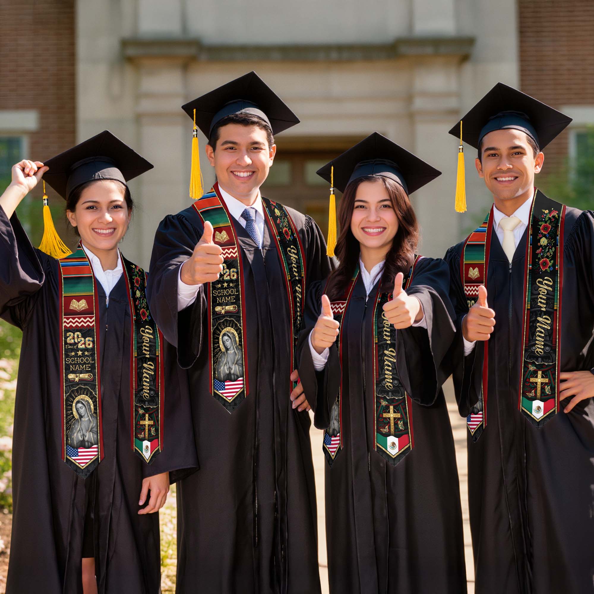 Mexican Graduation Stole Aztec Pattern Virgin Mary Cross Floral USA Flag Custom Sash