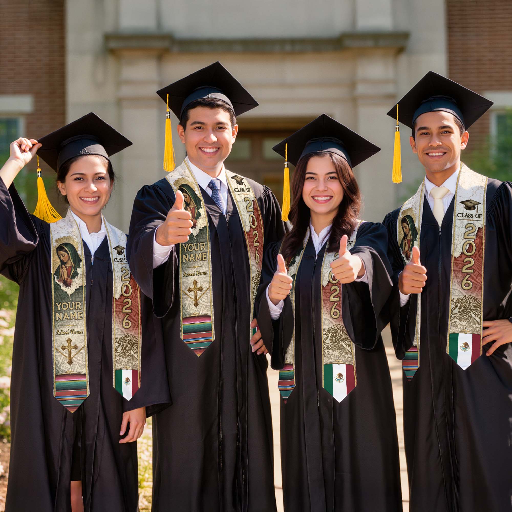Mexican Graduation Stole Aztec Eagle Virgin Mary Cross Flag Custom Sash 2026