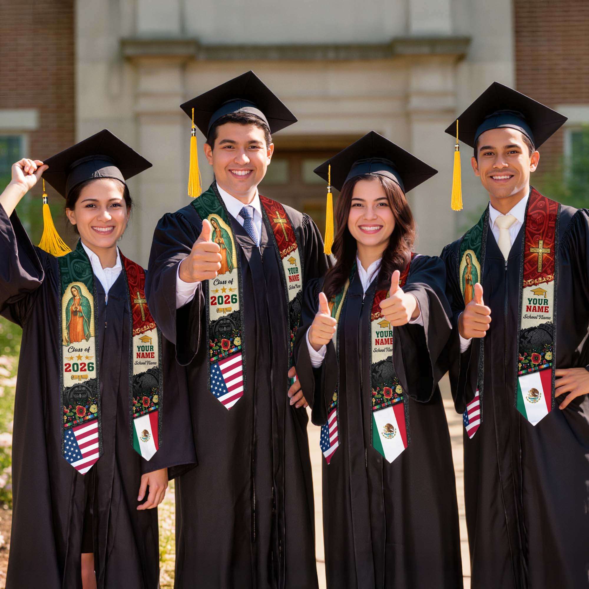 Mexican Graduation Stole Aztec Eagle Virgin Mary Cross Floral USA Flag Custom Sash