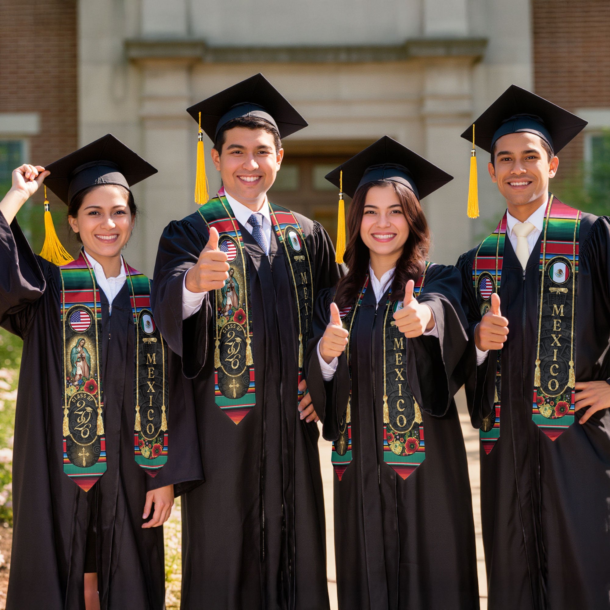 Mexican Graduation Stole Mexico USA Flag Aztec Virgin Mary Cross Flowers 2026
