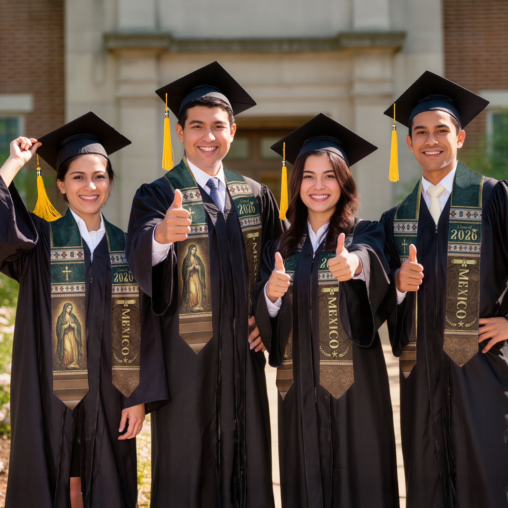 Mexican Graduation Stole Mexico Sash Aztec Pattern Virgin Mary Cross Class 2026
