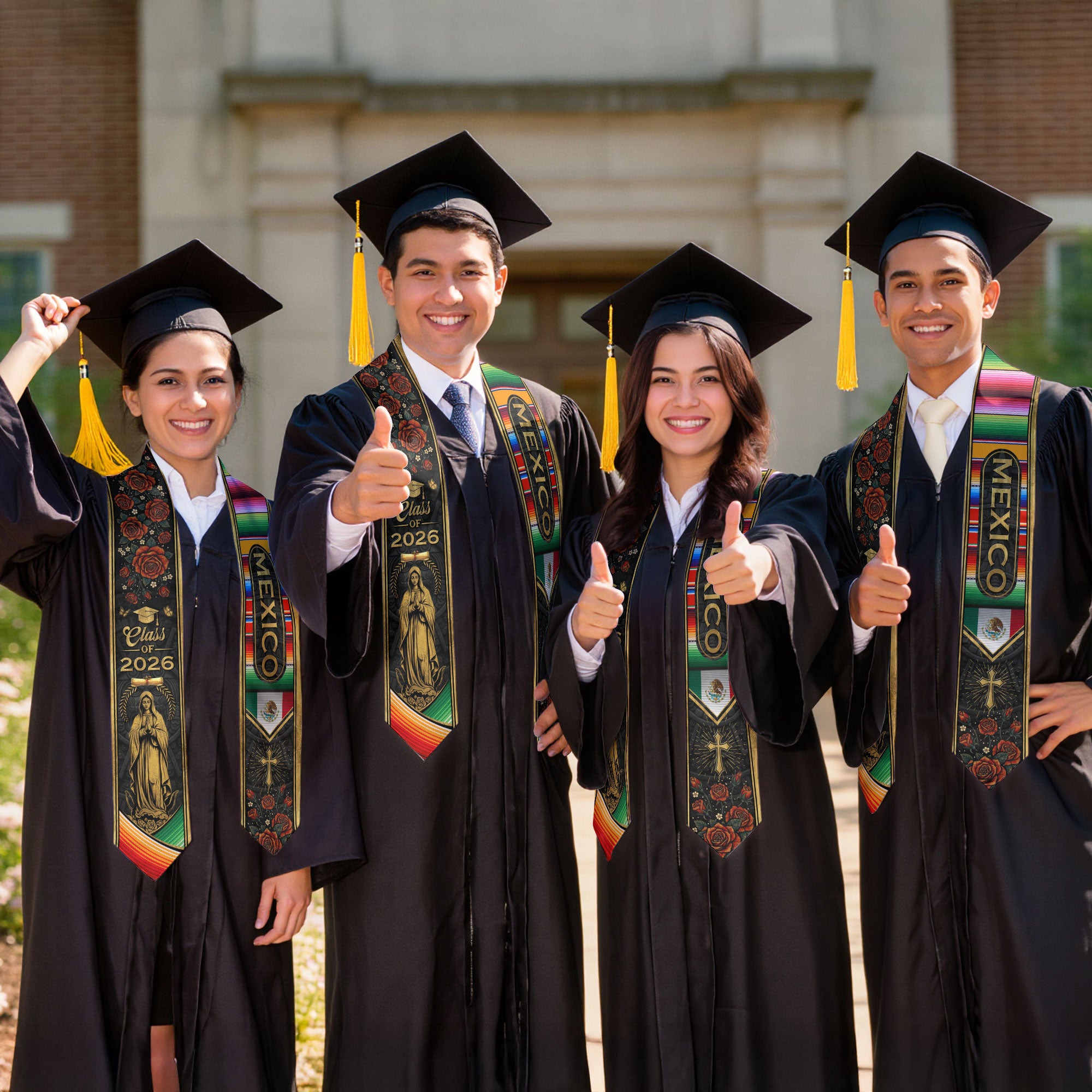 Mexican Graduation Stole Mexico Sash Aztec Roses Virgin Mary Cross Class 2026