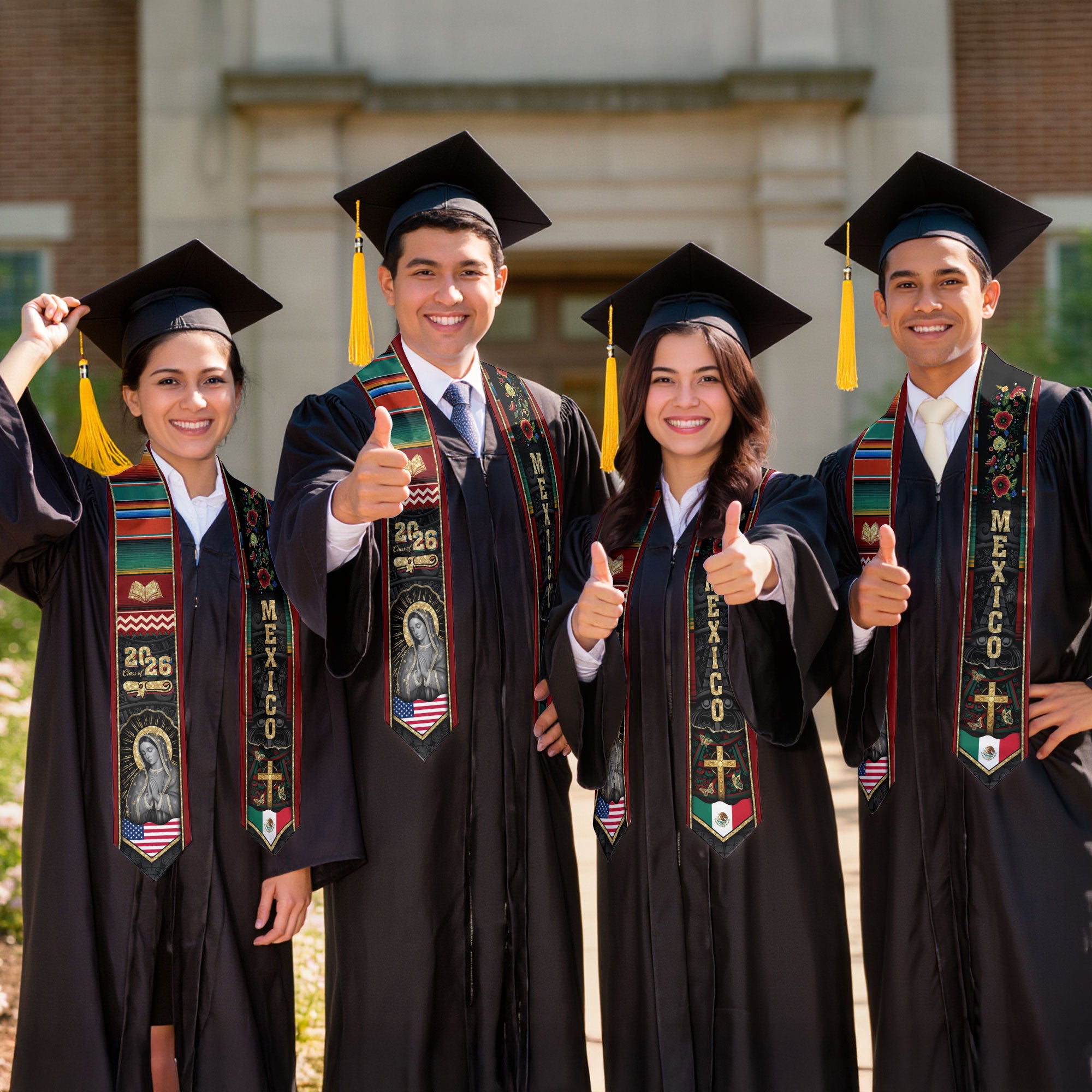Mexican Graduation Stole Mexico Sash Aztec Virgin Mary Bible Cross 2026
