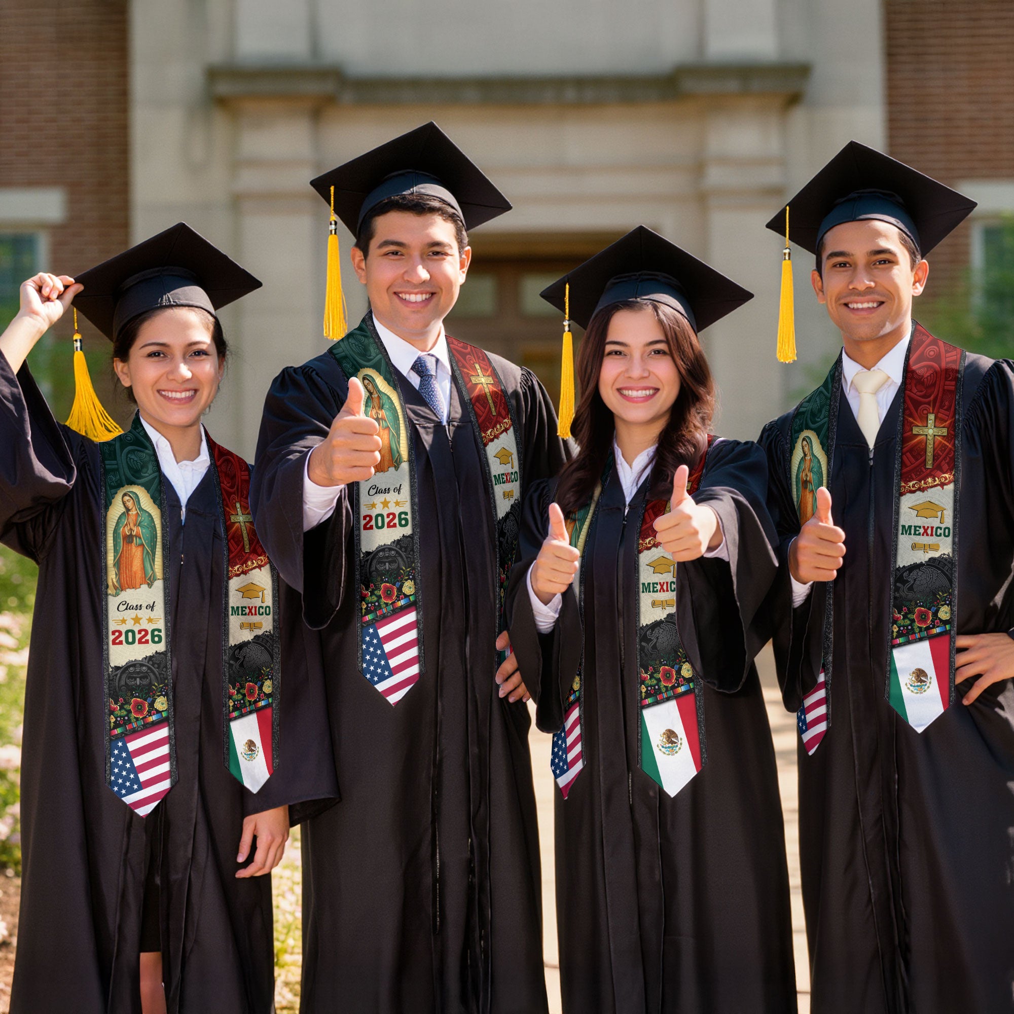 Mexican Graduation Stole Mexico USA Flag Aztec Virgin Mary Cross Eagle 2026