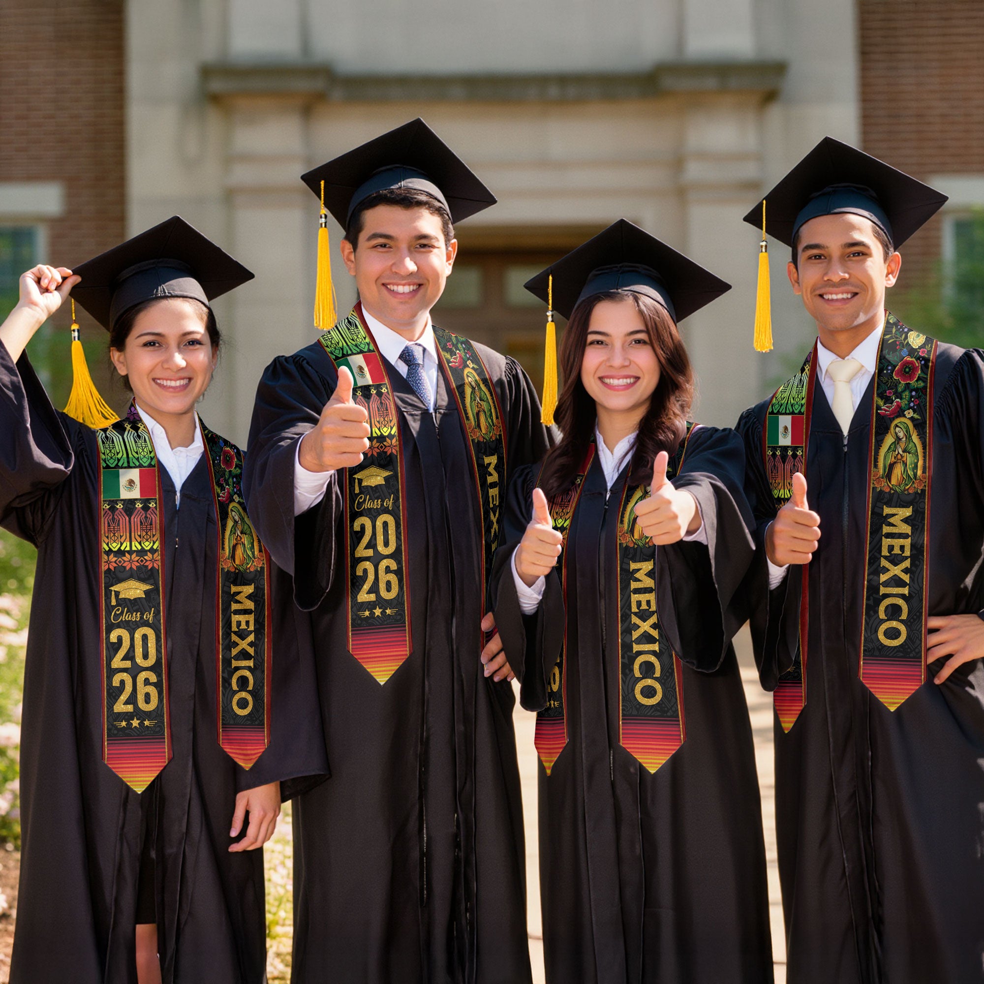 Mexican Graduation Stole Mexico Sash Aztec Virgin Mary Flowers Class 2026