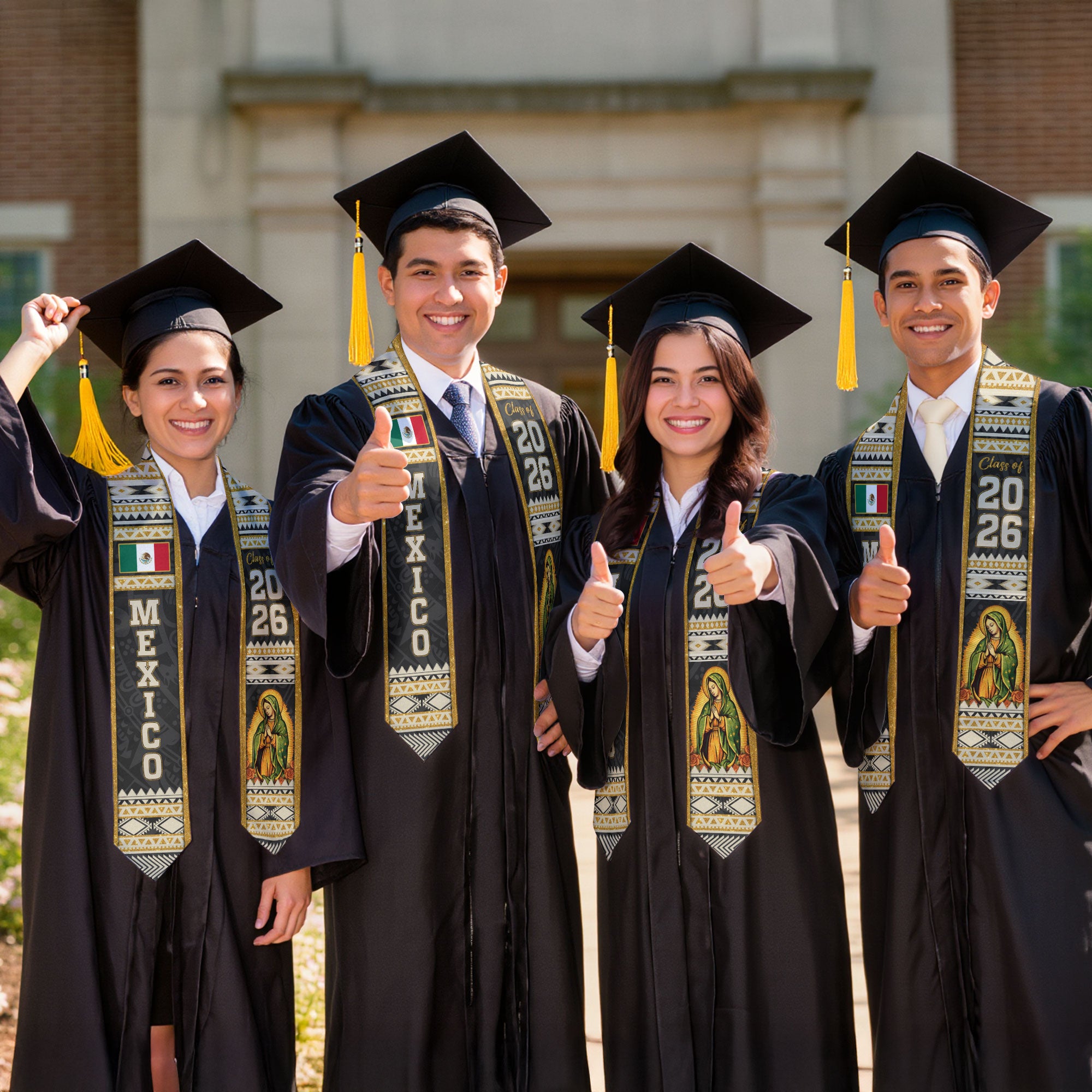 Mexican Graduation Stole Mexico Sash Aztec Virgin Mary Gold Pattern 2026