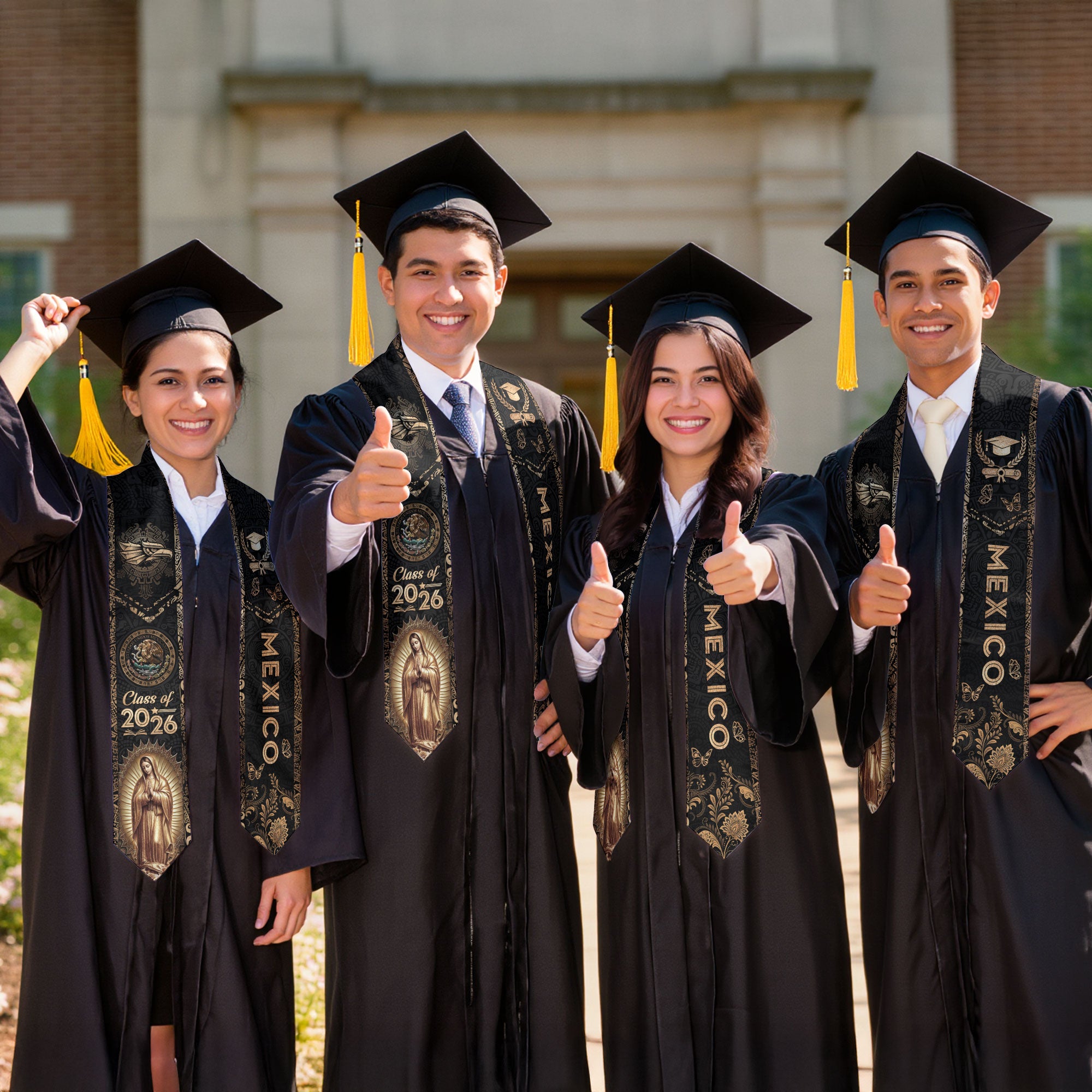 Mexican Graduation Stole Mexico Sash Aztec Eagle Virgin Mary Gold 2026