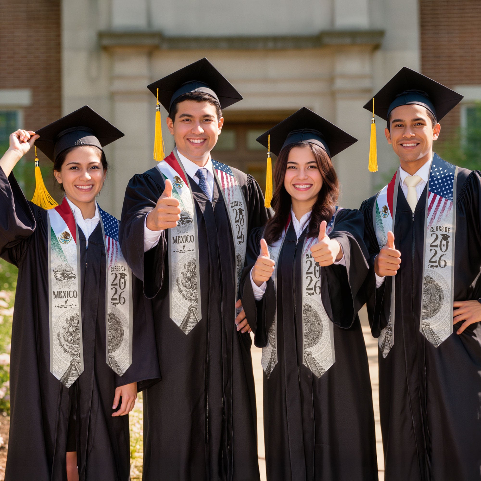 Mexican Graduation Stole Mexico USA Flag Aztec Calendar Eagle Pyramid 2026