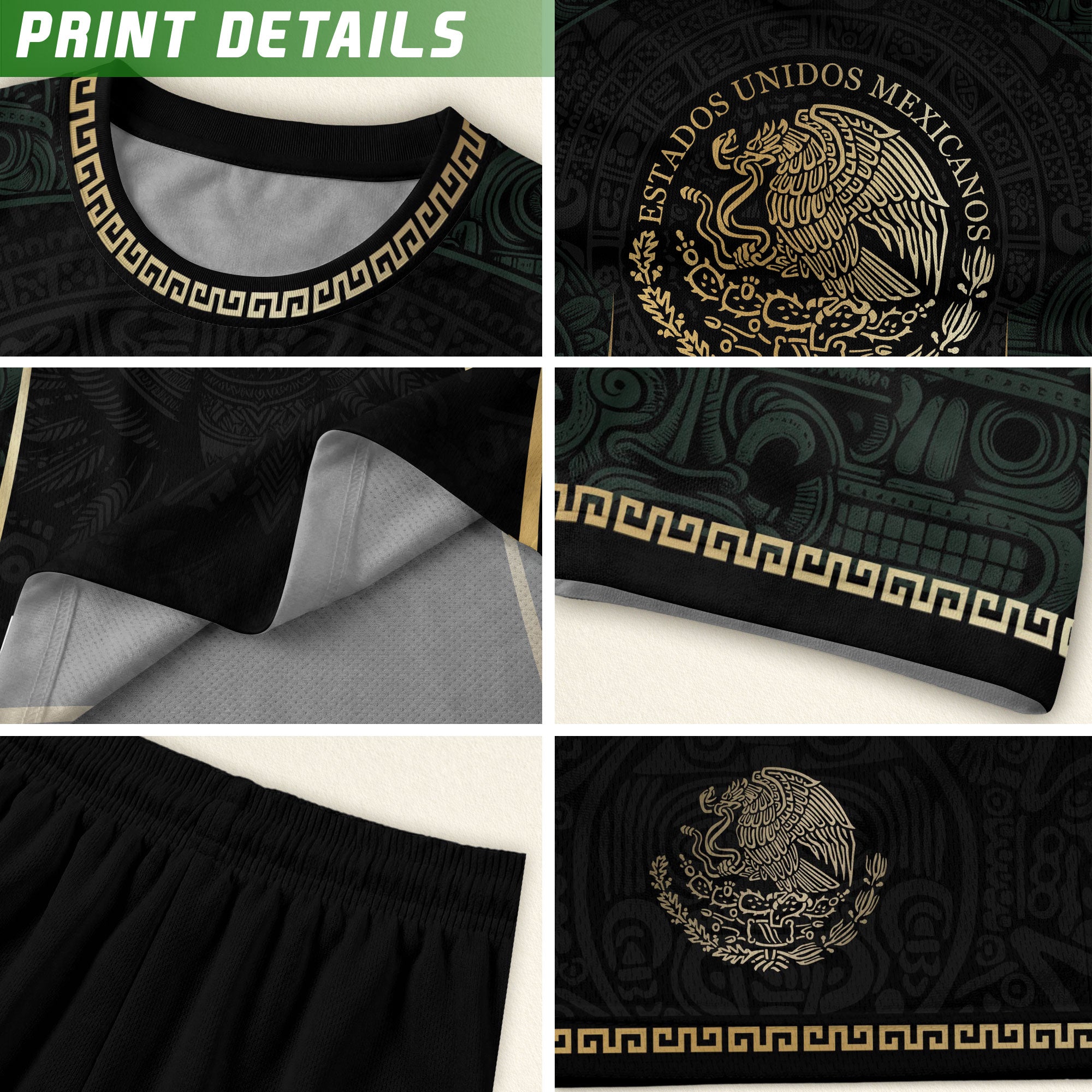 Camiseta de fútbol premium con emblema de águila azteca verde y dorado de México