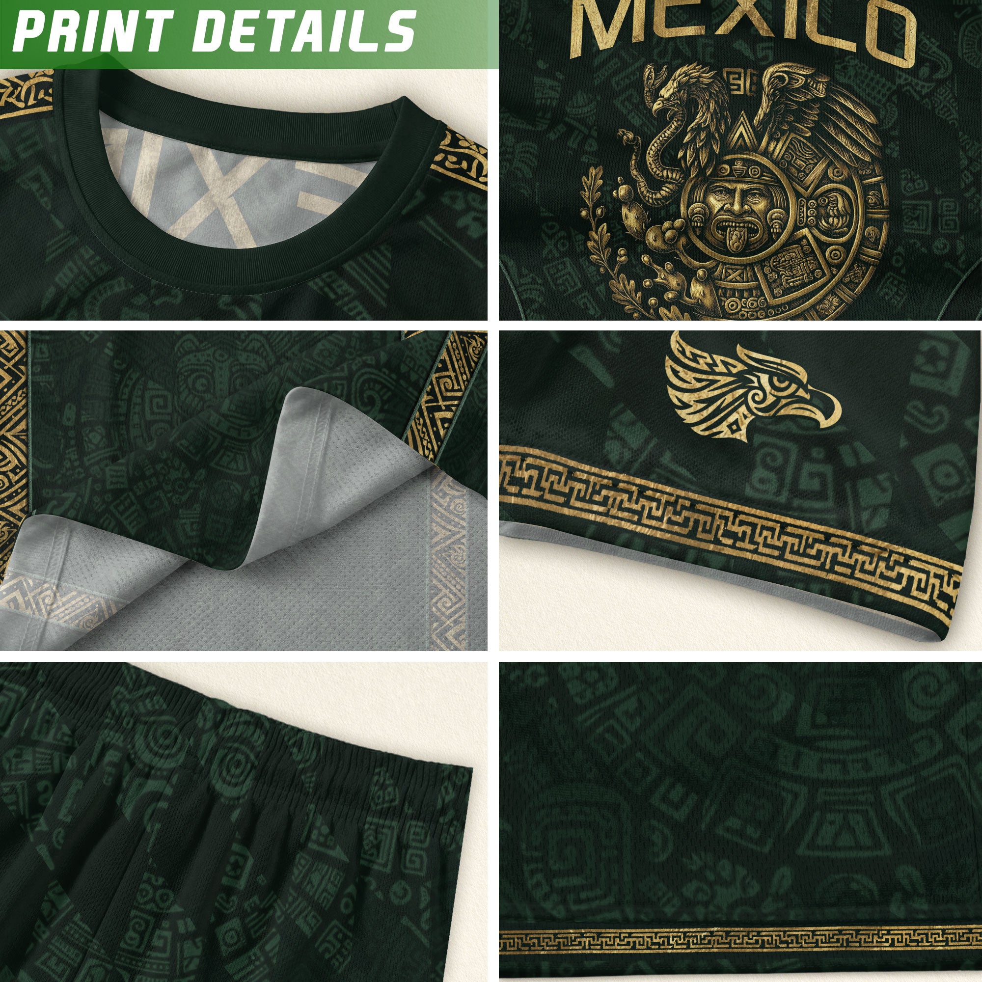 Camiseta de fútbol premium con emblema de águila azteca verde y dorado de México