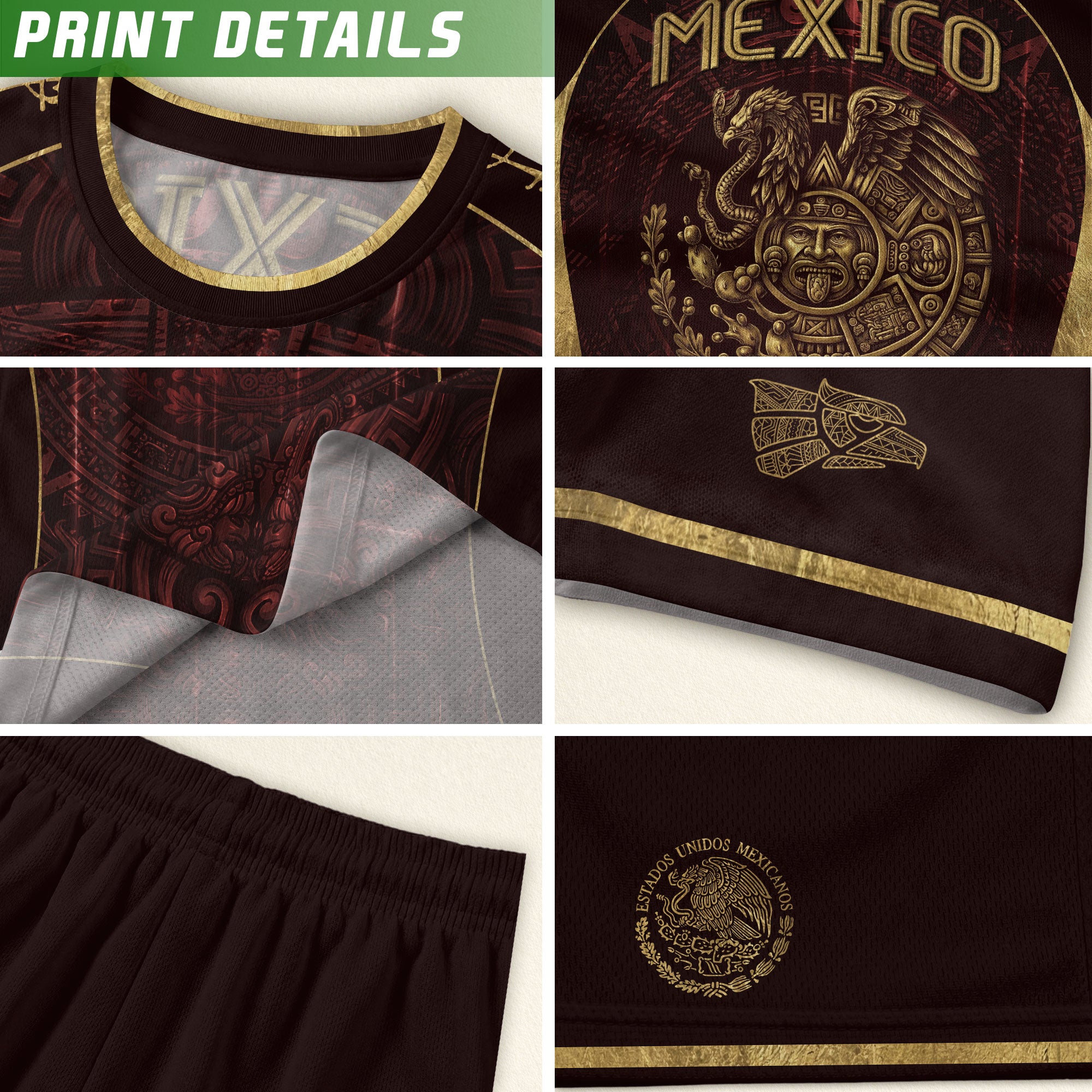 Camiseta de fútbol premium con emblema de águila azteca verde y dorado de México