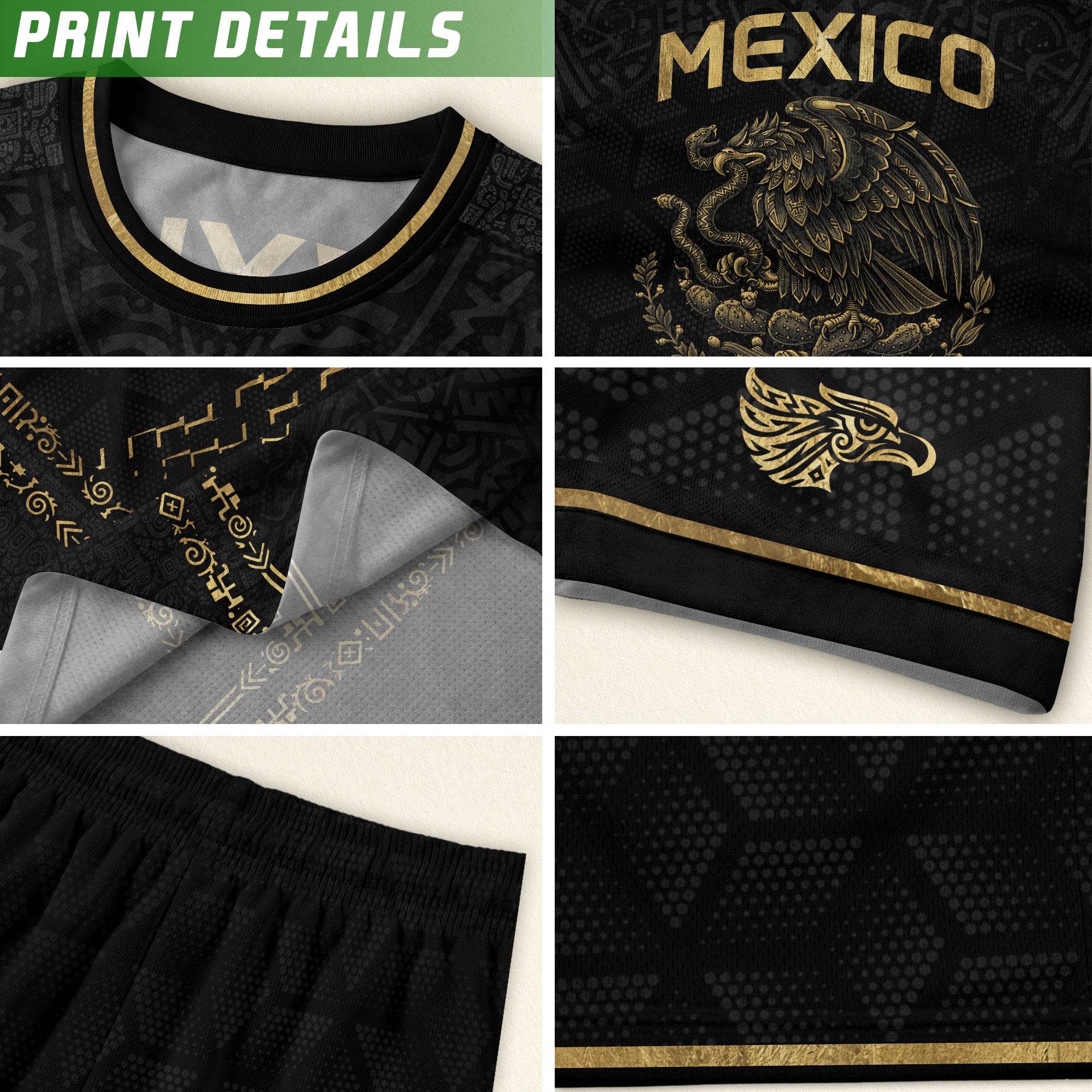 Camiseta de fútbol premium con emblema de águila azteca verde y dorado de México