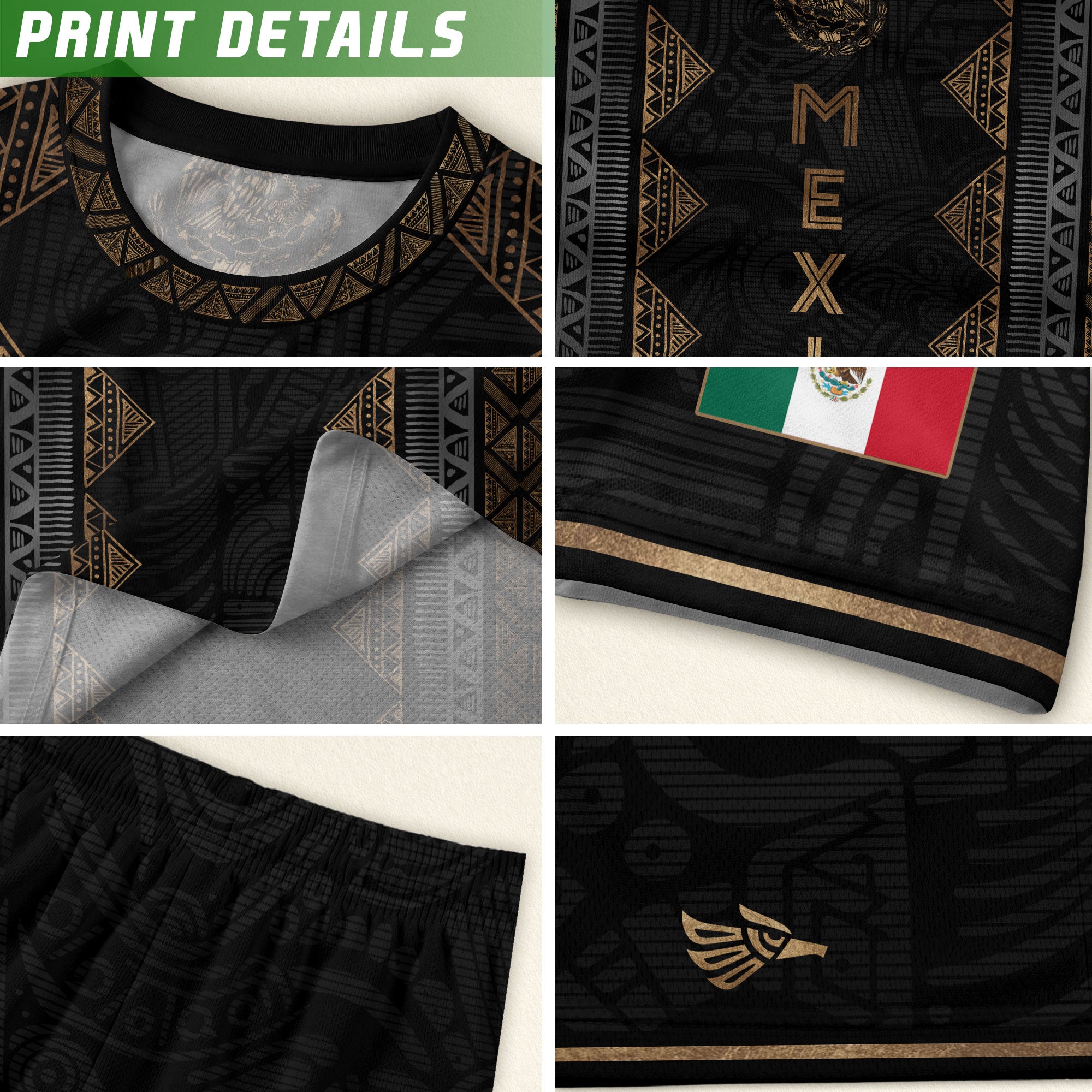 Camiseta de fútbol premium con emblema de águila azteca verde y dorado de México
