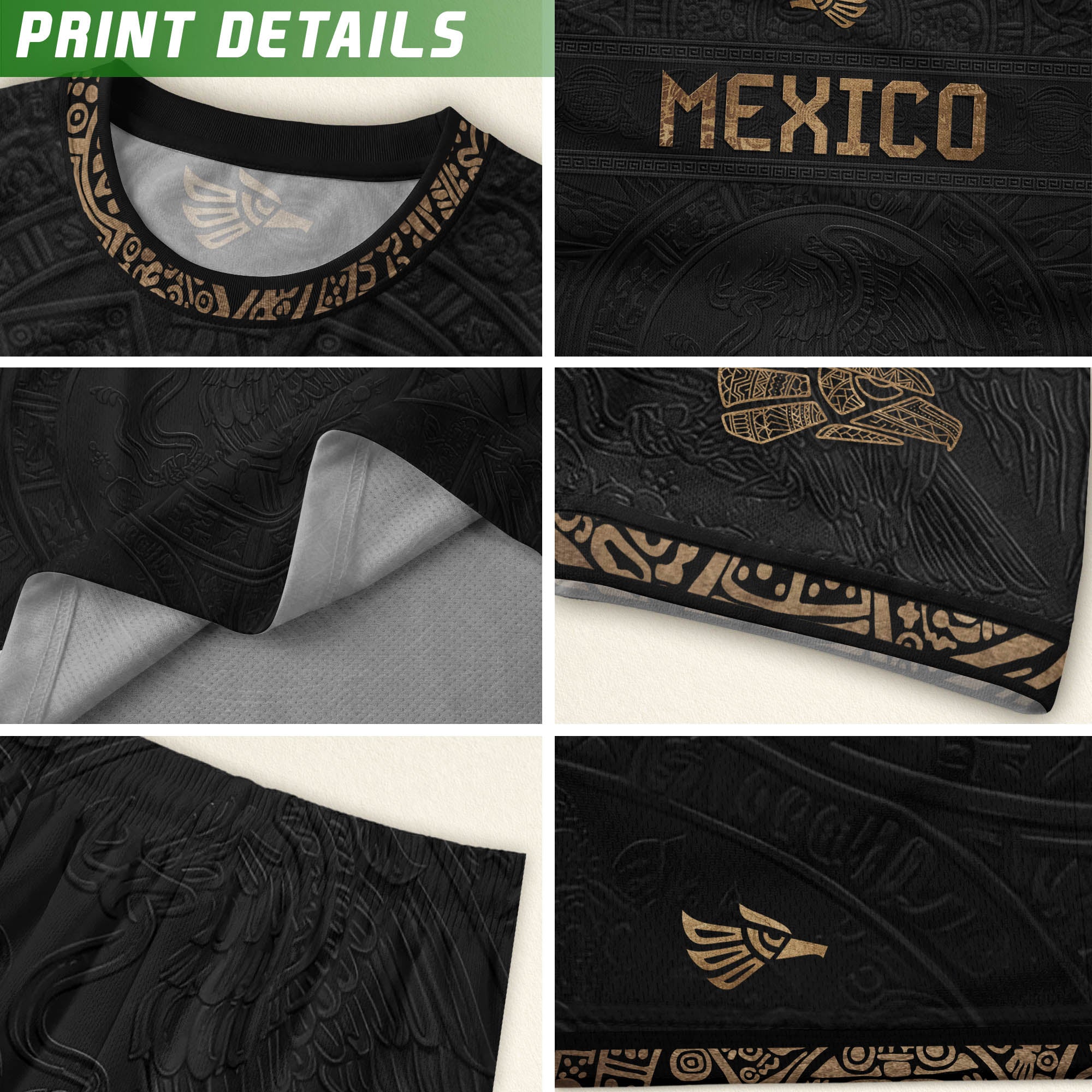 Camiseta de fútbol premium con emblema de águila azteca verde y dorado de México