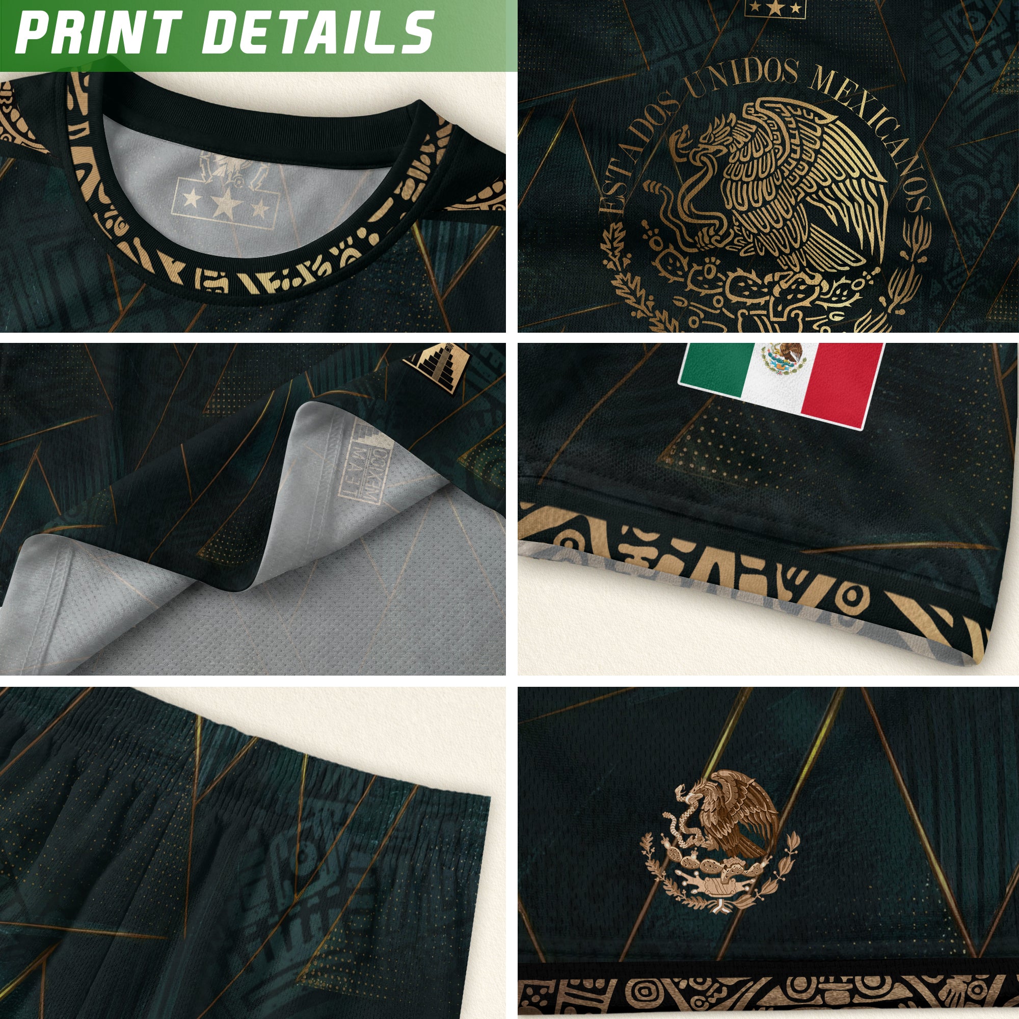 Camiseta de fútbol premium con emblema de águila azteca verde y dorado de México