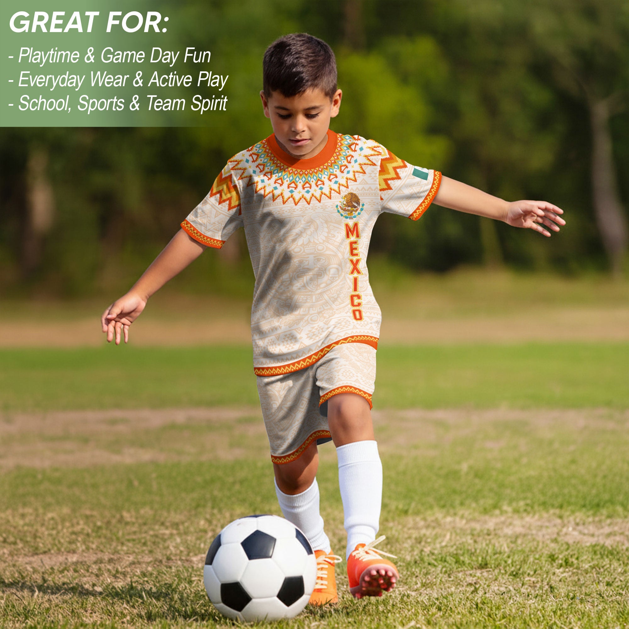 Beige Mexico Soccer Jersey Kids Set Aztec Calendar Mexican Youth Football Shirt Shorts
