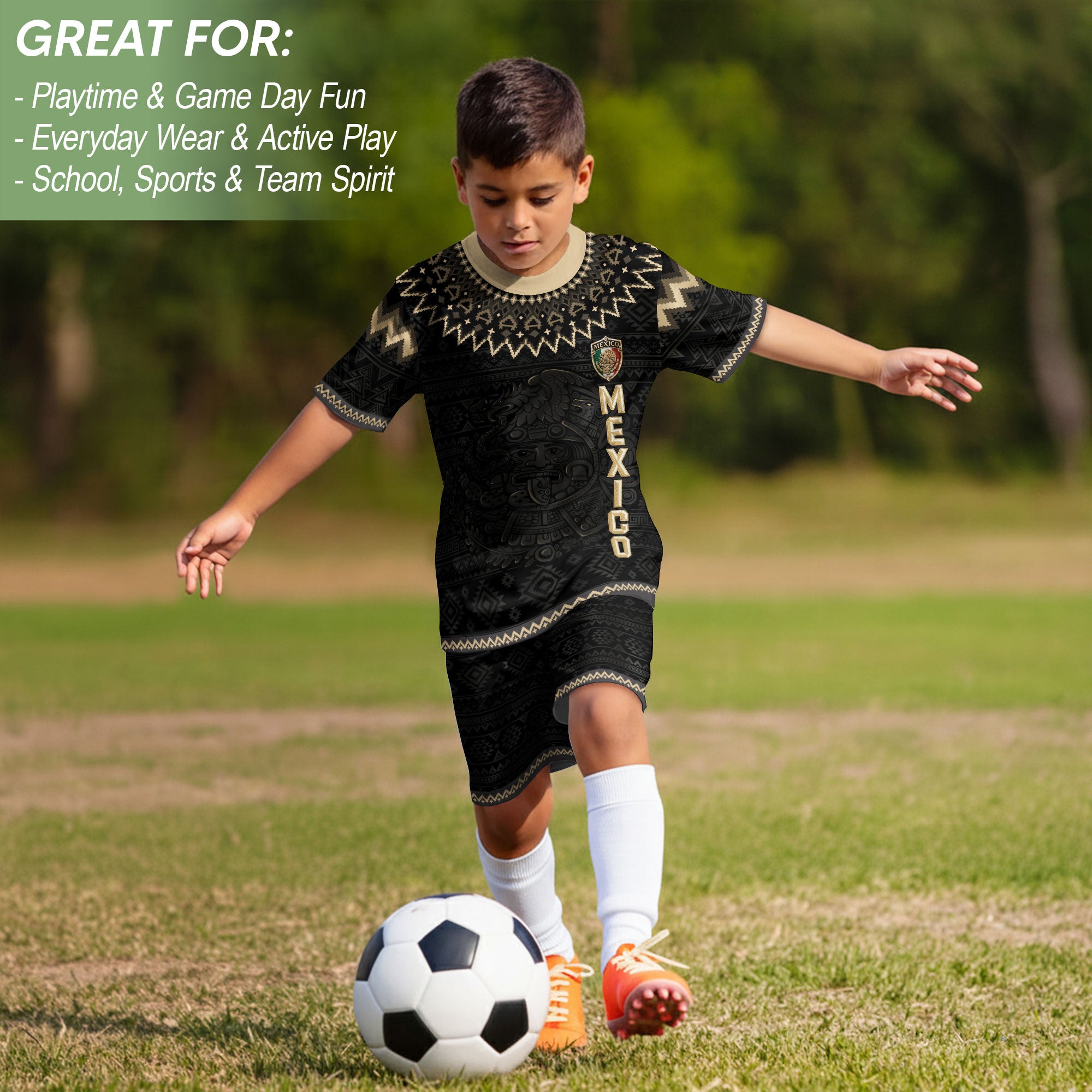 Mexico Soccer Jersey Kids Set Black Gold Aztec Calendar Youth Football Shirt Shorts