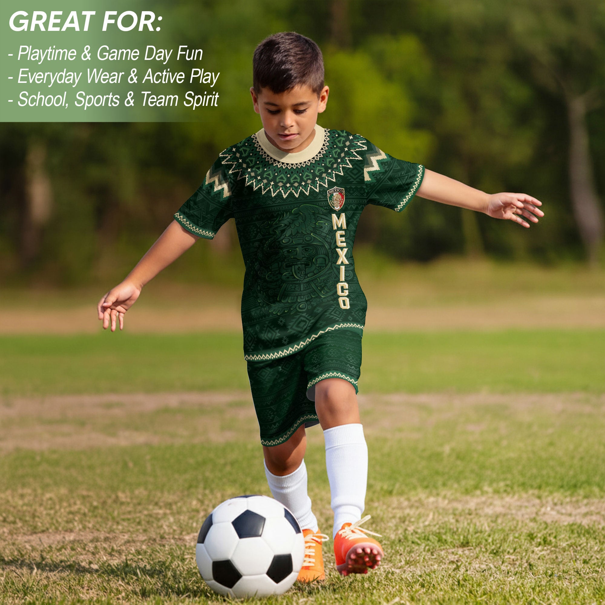 Mexico Soccer Jersey Kids Set Green Gold Aztec Calendar Youth Football Shirt Shorts