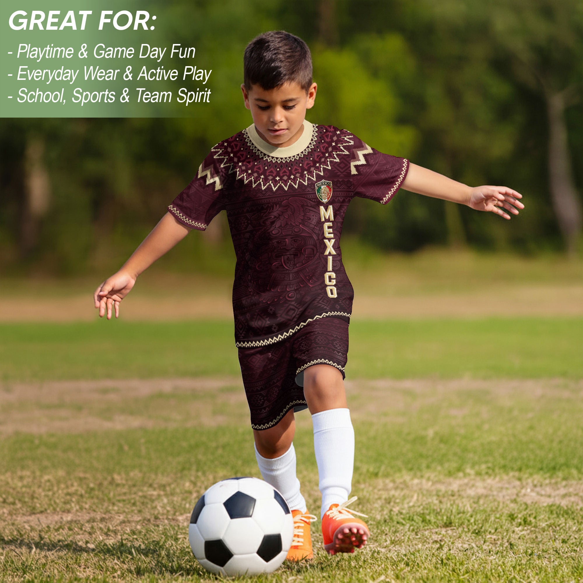 Mexico Soccer Jersey Kids Shorts Set Maroon Aztec Culture Youth Football Outfit Kit